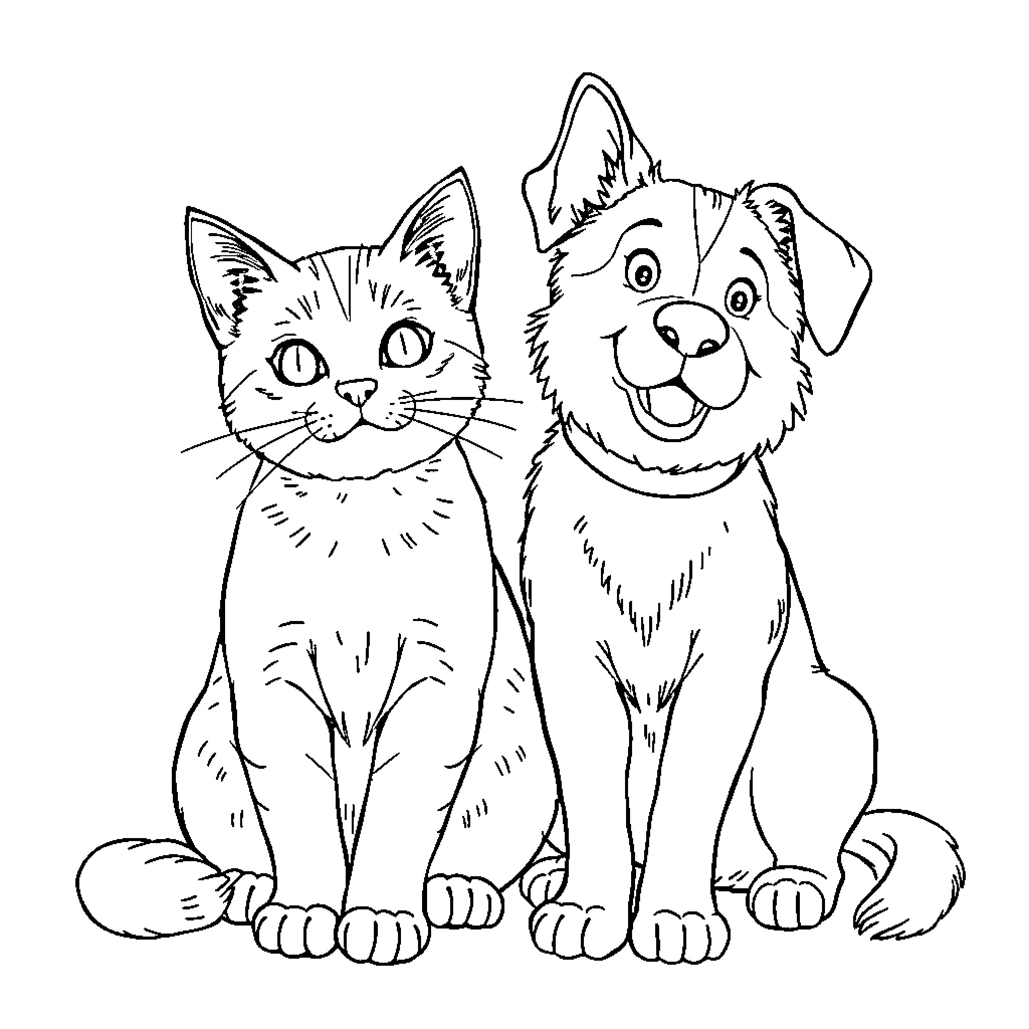 Cat and Dog Sitting Together Happily Coloring Page (free black-and-white line drawing printable PDF for all, from beginners to advanced learners, including children, teens, adults, and seniors)