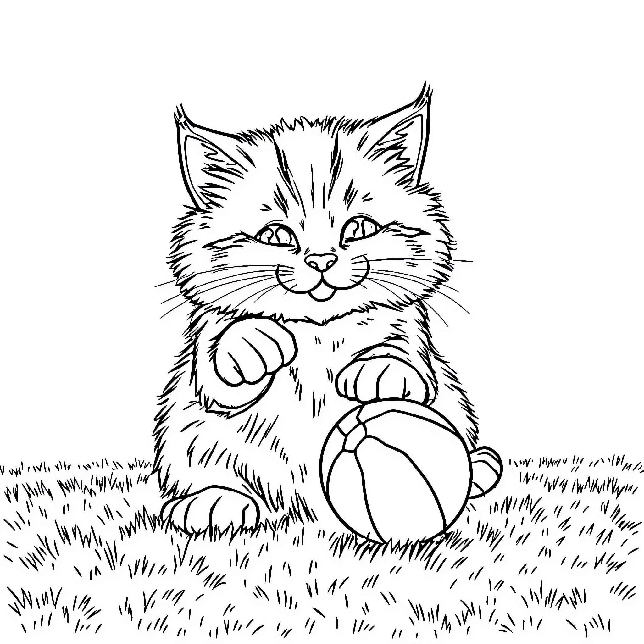 Cat sitting playfully in the grass Coloring Page (free black-and-white line drawing printable PDF for all, from beginners to advanced learners, including children, teens, adults, and seniors)