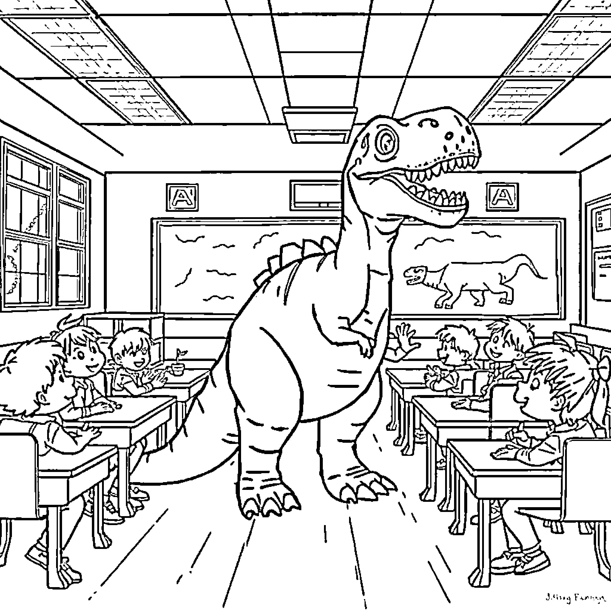 Dinosaur teaching students in classroom Coloring Page (free black-and-white line drawing printable PDF for all, from beginners to advanced learners, including children, teens, adults, and seniors)