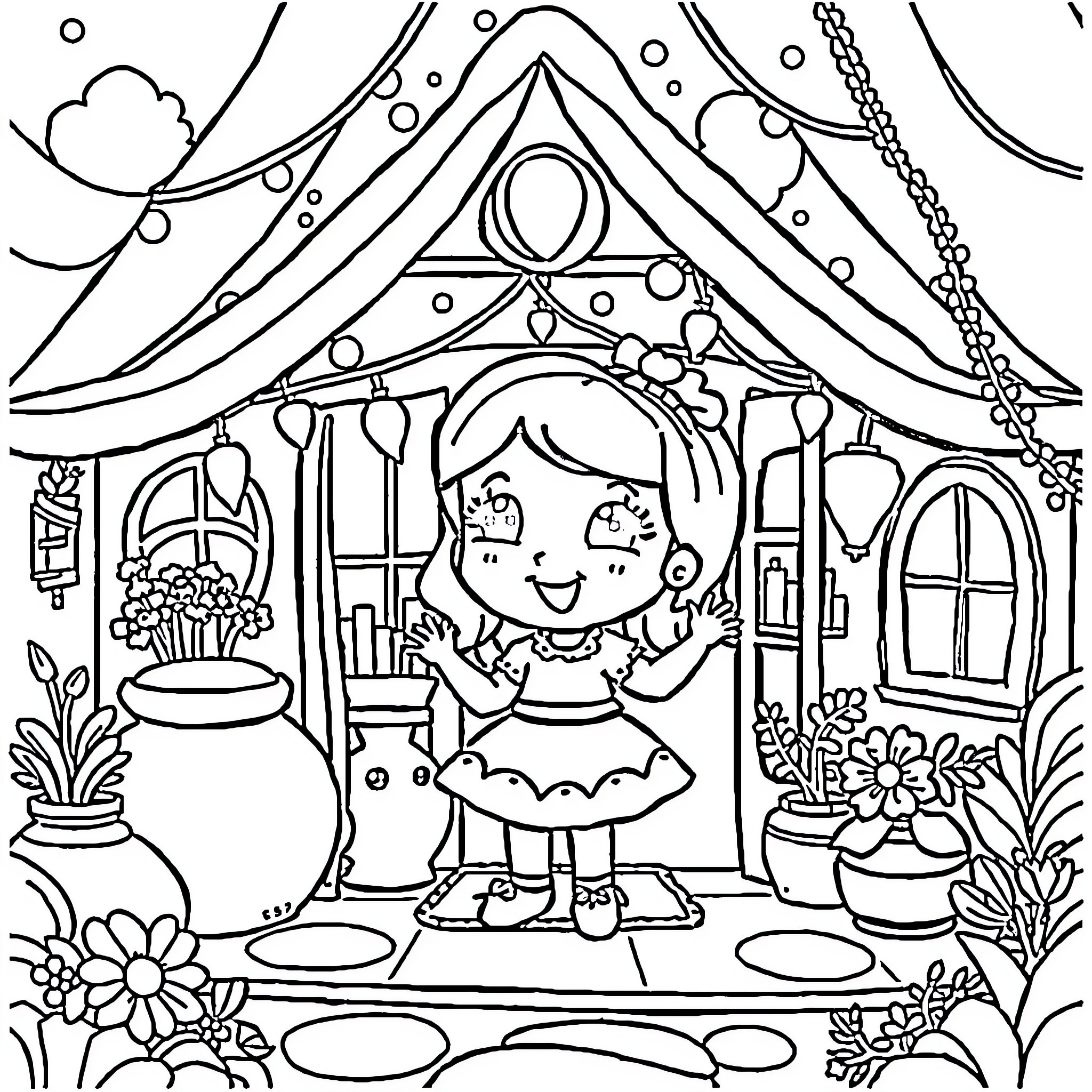 Gabby's Whimsical Cottage Adventure Coloring Page (free black-and-white line drawing printable PDF for all, from beginners to advanced learners, including children, teens, adults, and seniors)