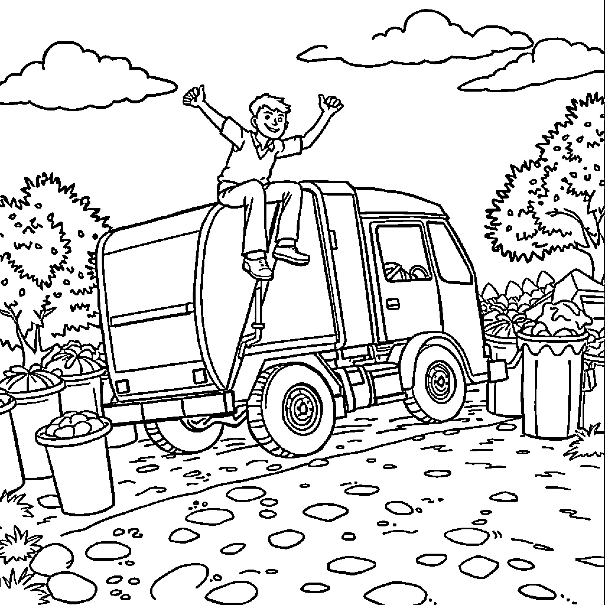 Man joyfully riding on truck in outdoor scene Coloring Page (free black-and-white line drawing printable PDF for all, from beginners to advanced learners, including children, teens, adults, and seniors)