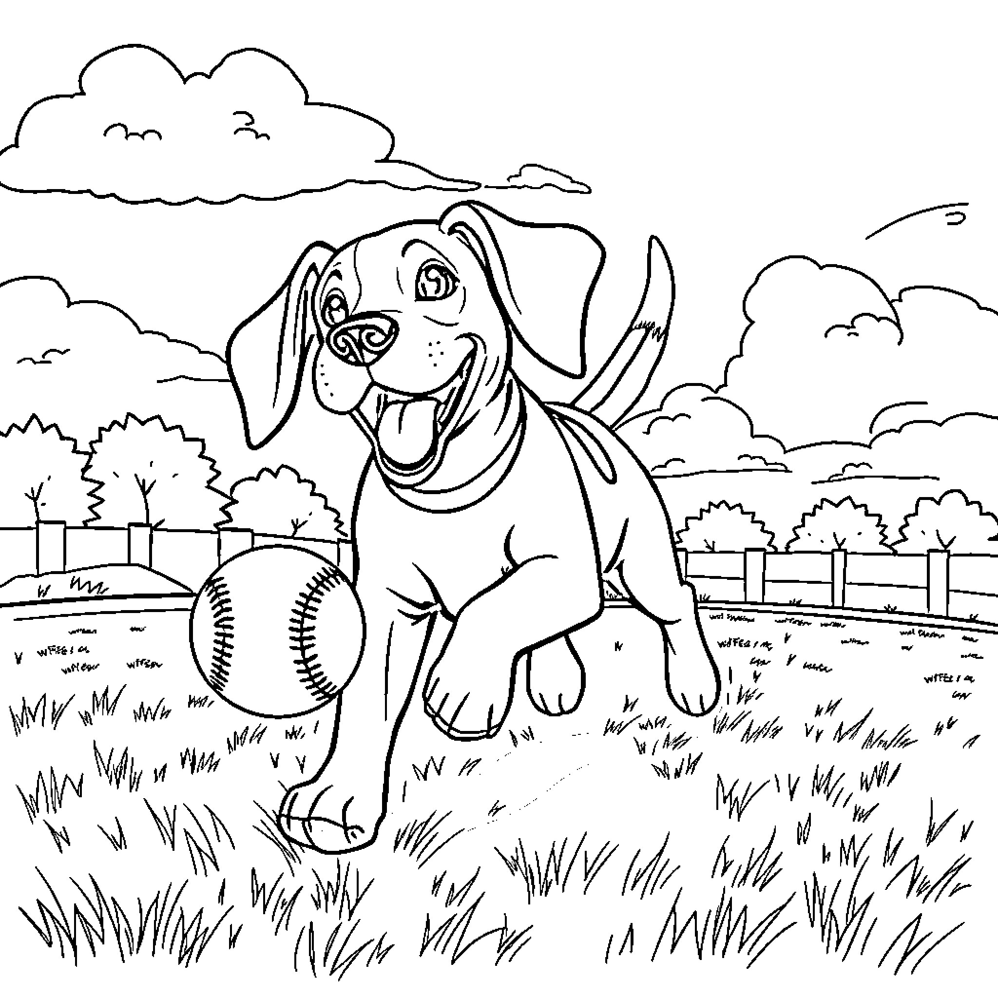 Beagle playing joyfully with baseball in the park Coloring Page (free black-and-white line drawing printable PDF for all, from beginners to advanced learners, including children, teens, adults, and seniors)
