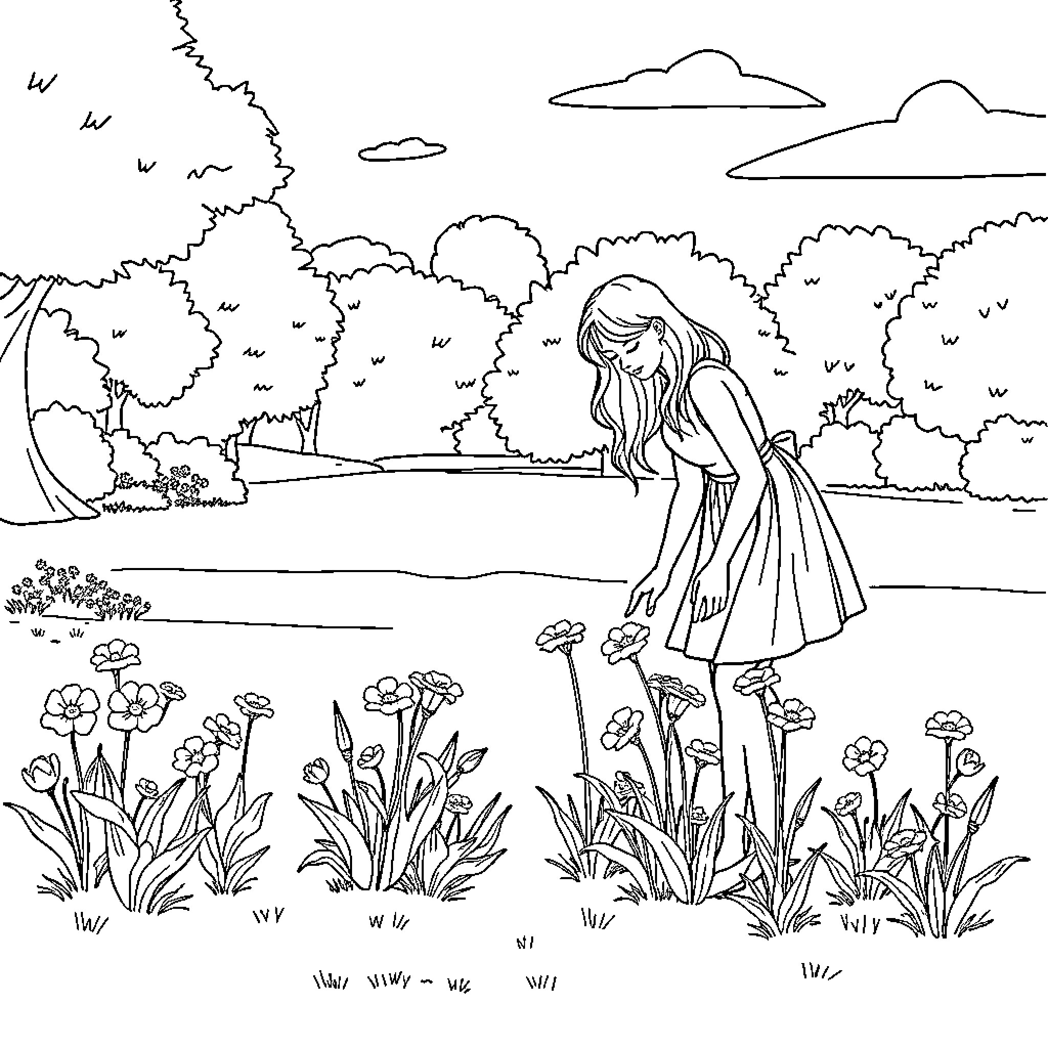Lady in Peaceful Countryside Scenery Coloring Page (free black-and-white line drawing printable PDF for all, from beginners to advanced learners, including children, teens, adults, and seniors)