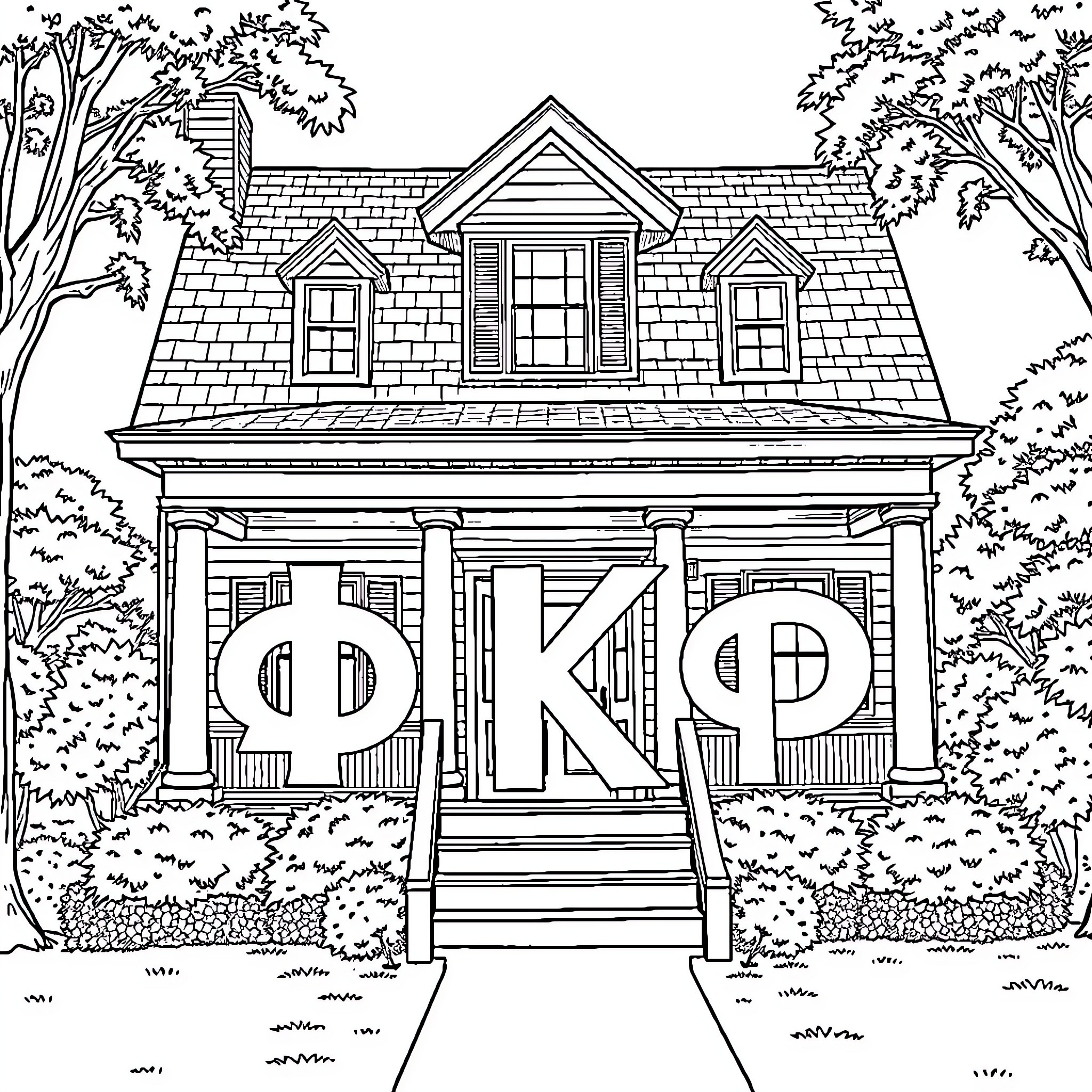 Phi Kappa Psi fraternity house with Greek letters Coloring Page (free black-and-white line drawing printable PDF for all, from beginners to advanced learners, including children, teens, adults, and seniors)