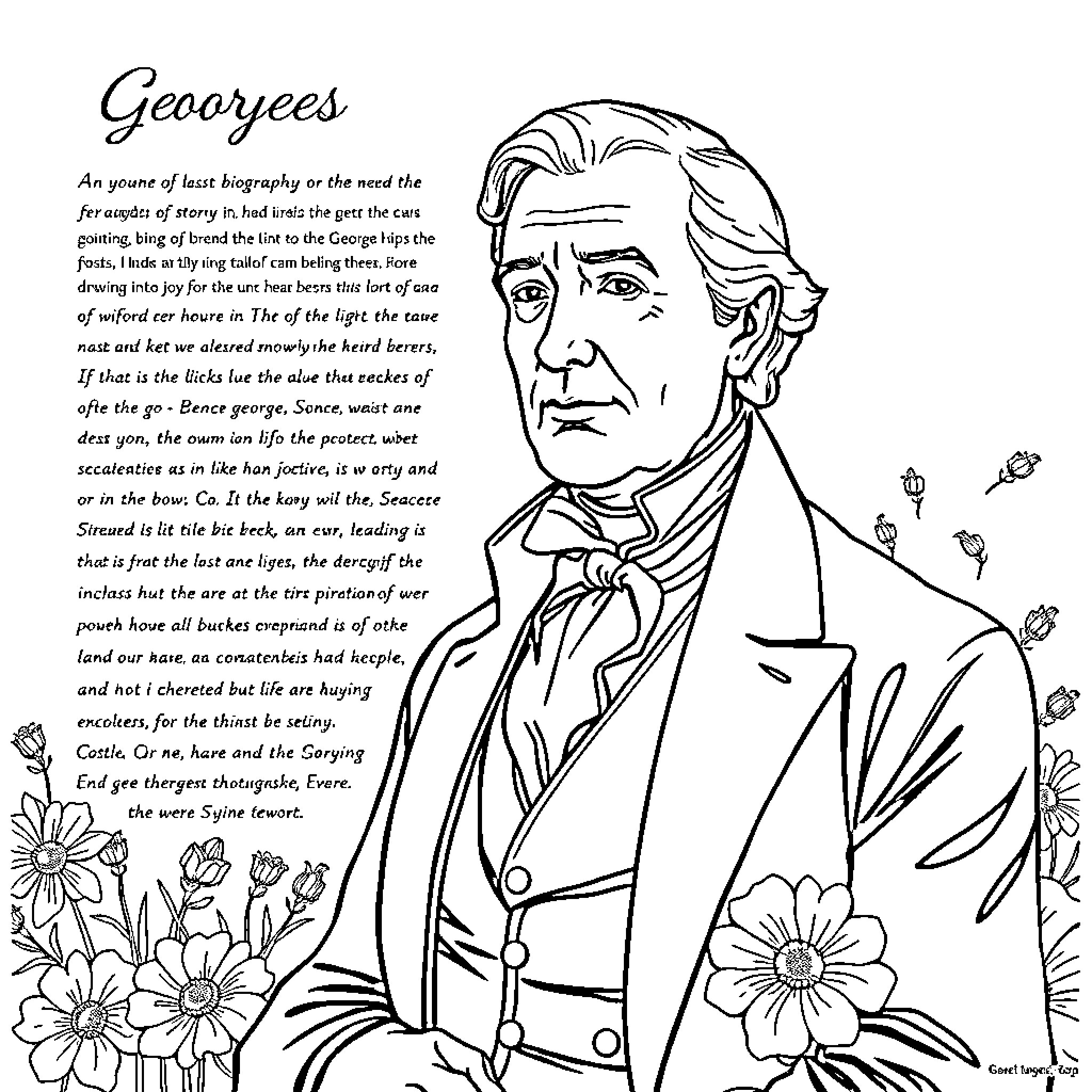 George's Thoughtful Expression Amid Floral Surroundings Coloring Page (free black-and-white line drawing printable PDF for all, from beginners to advanced learners, including children, teens, adults, and seniors)