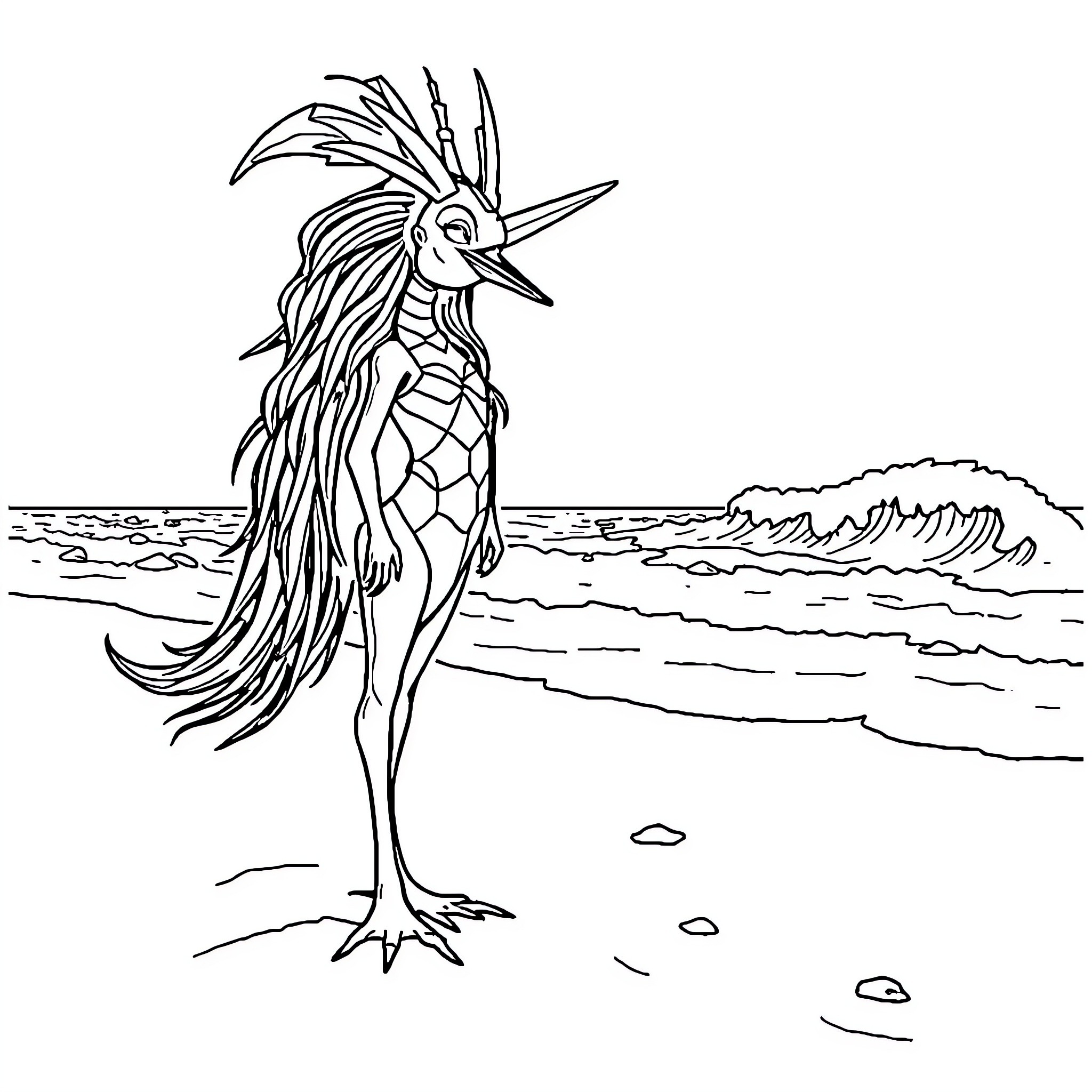 Siren Head creature standing on the beach Coloring Page (free black-and-white line drawing printable PDF for all, from beginners to advanced learners, including children, teens, adults, and seniors)