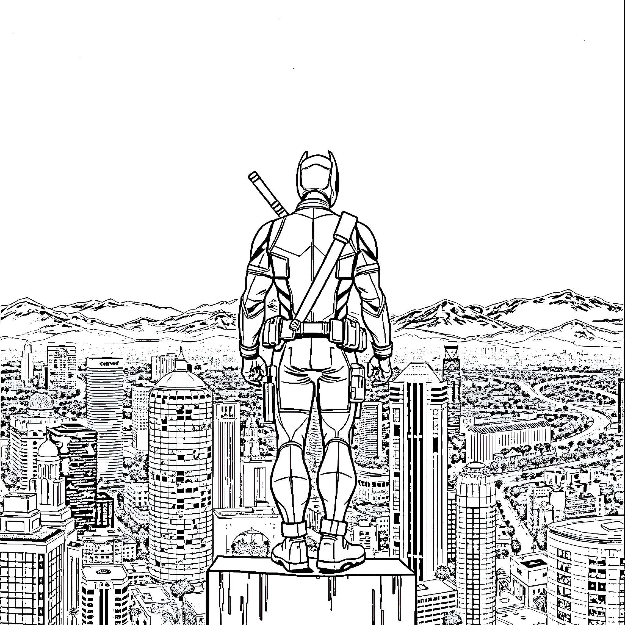 Deadpool Overlooking the City Skyline Coloring Page (free black-and-white line drawing printable PDF for all, from beginners to advanced learners, including children, teens, adults, and seniors)