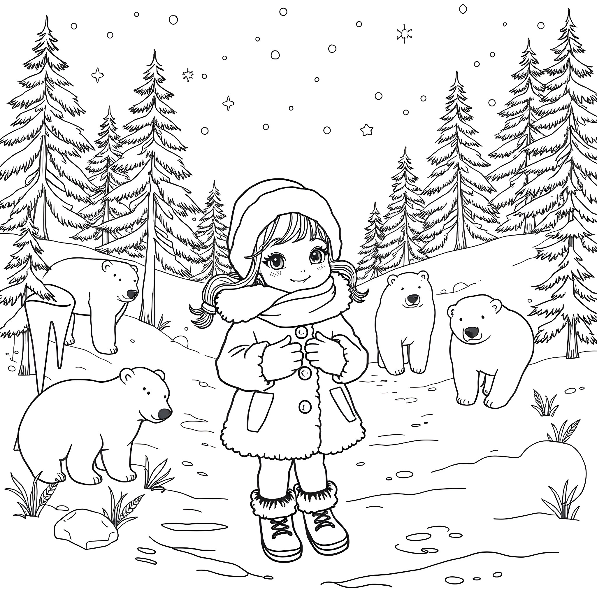 Girl observing winter wildlife in snowy forest Coloring Page (free black-and-white line drawing printable PDF for all, from beginners to advanced learners, including children, teens, adults, and seniors)