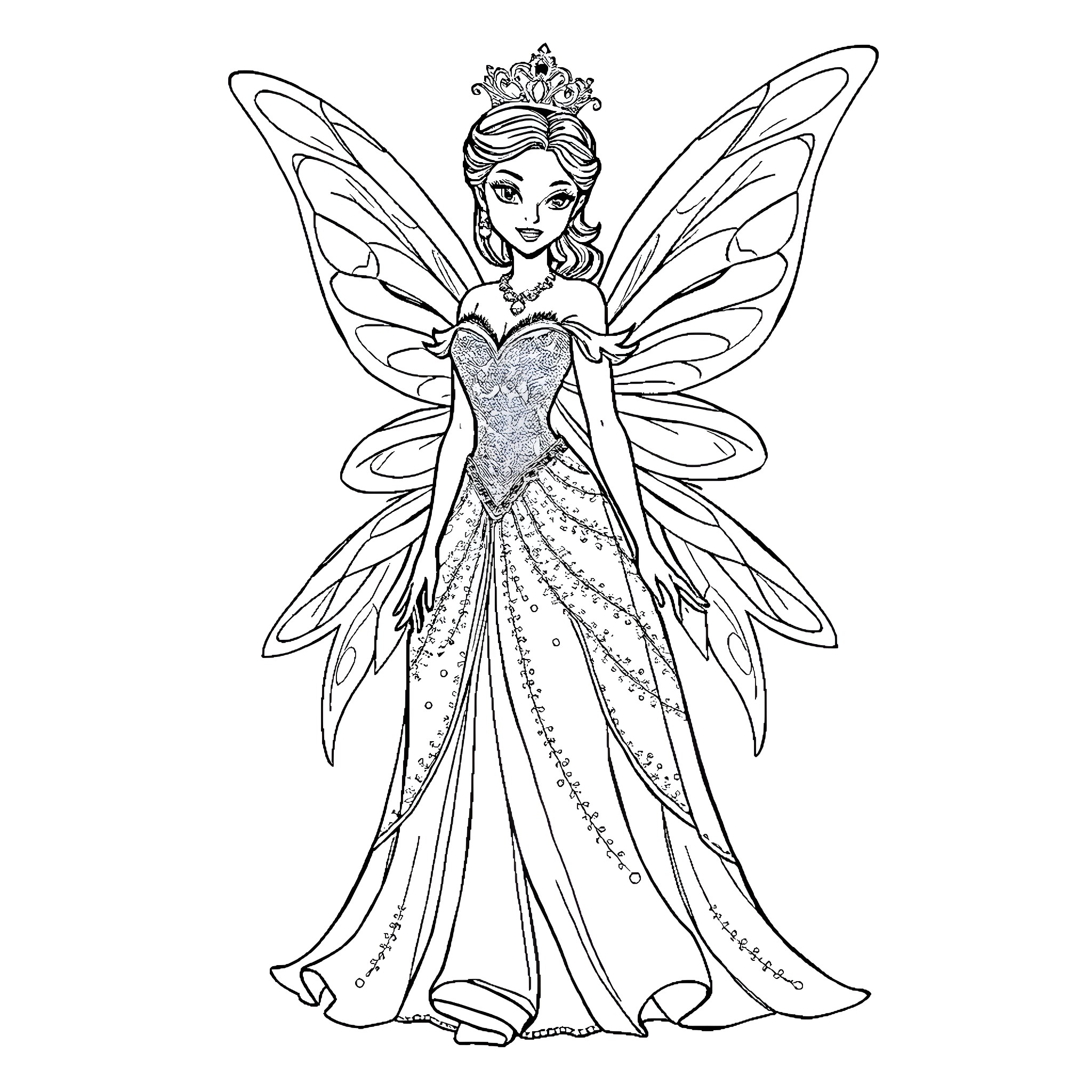 Princess Fairy in Elegant Gown and Wings Coloring Page (free black-and-white line drawing printable PDF for all, from beginners to advanced learners, including children, teens, adults, and seniors)