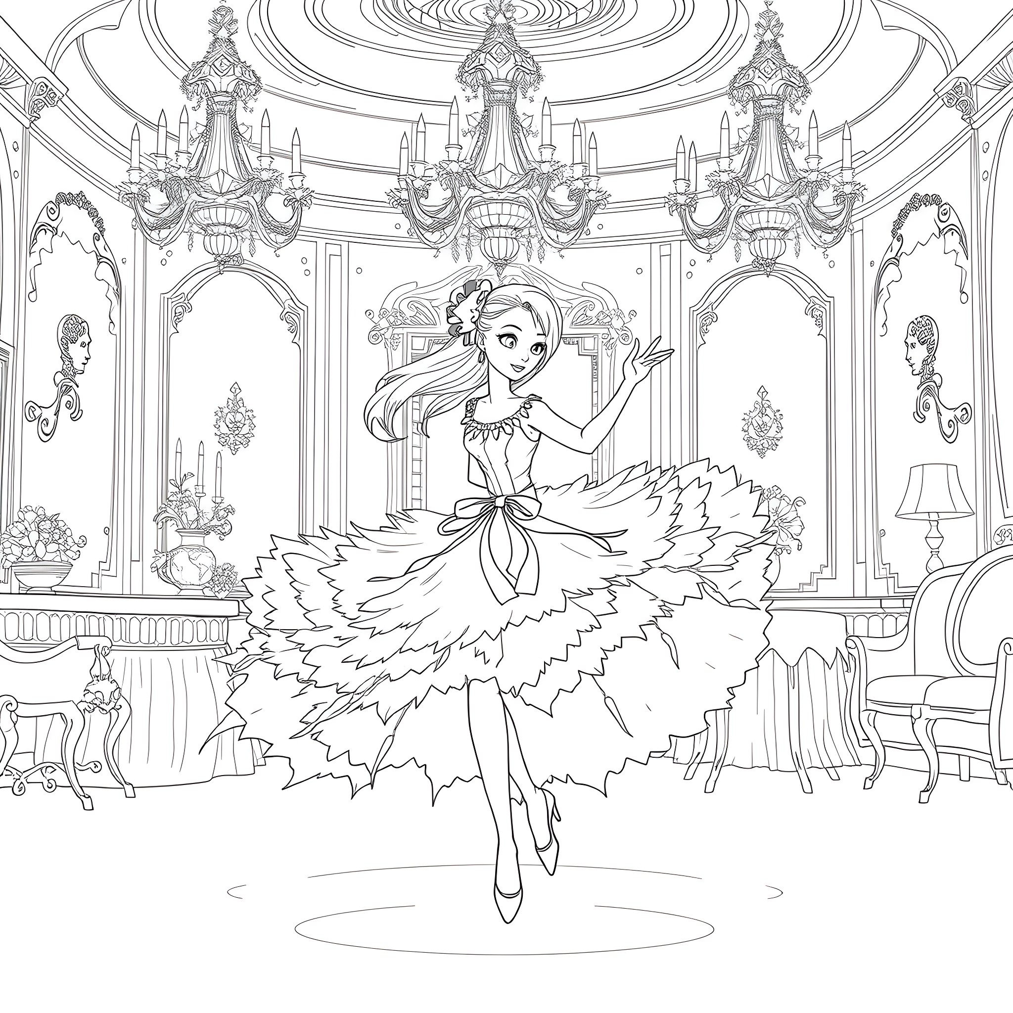Babette's Graceful Dance in an Enchanted Ballroom Coloring Page (free black-and-white line drawing printable PDF for all, from beginners to advanced learners, including children, teens, adults, and seniors)