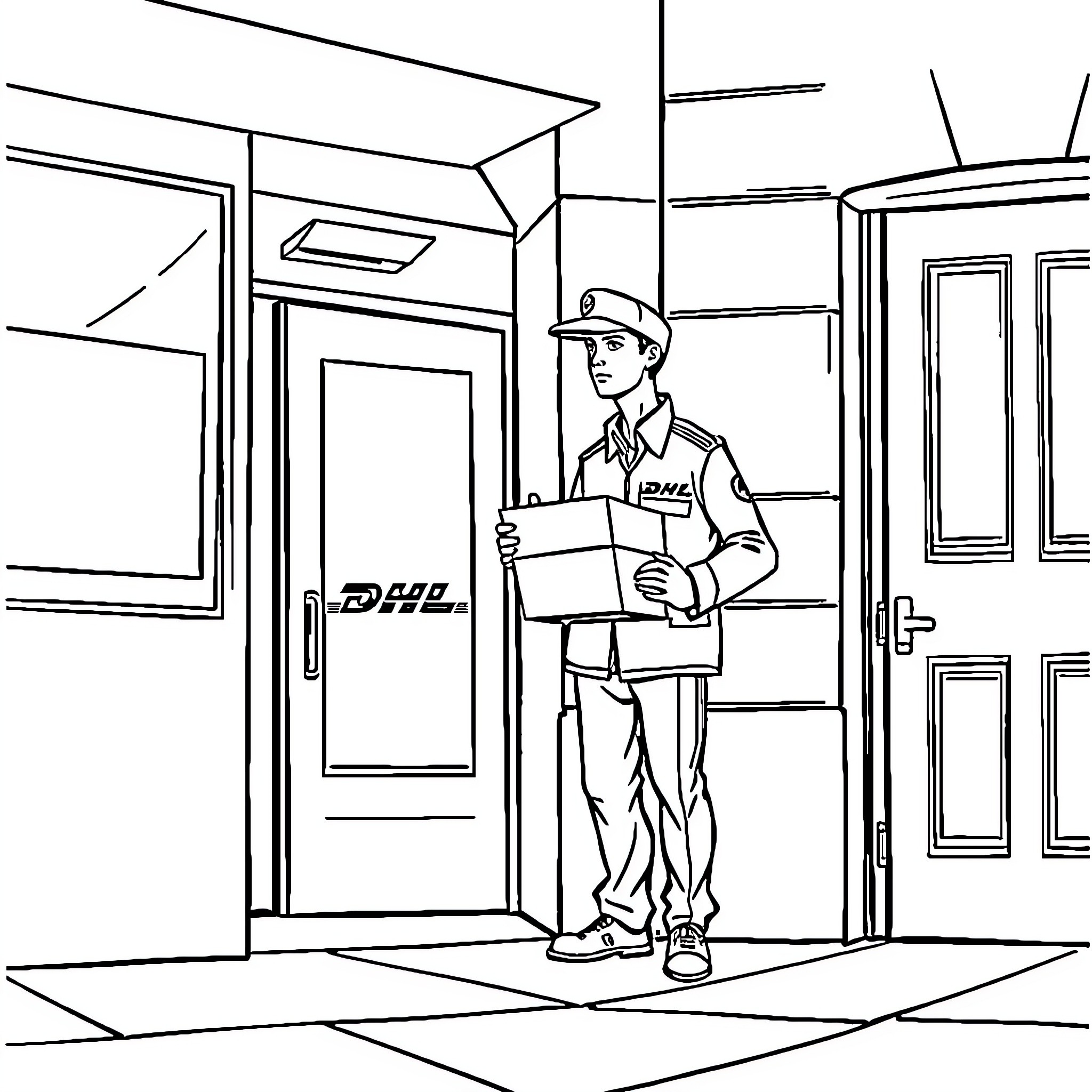 Coureur delivering package at front door Coloring Page (free black-and-white line drawing printable PDF for all, from beginners to advanced learners, including children, teens, adults, and seniors)