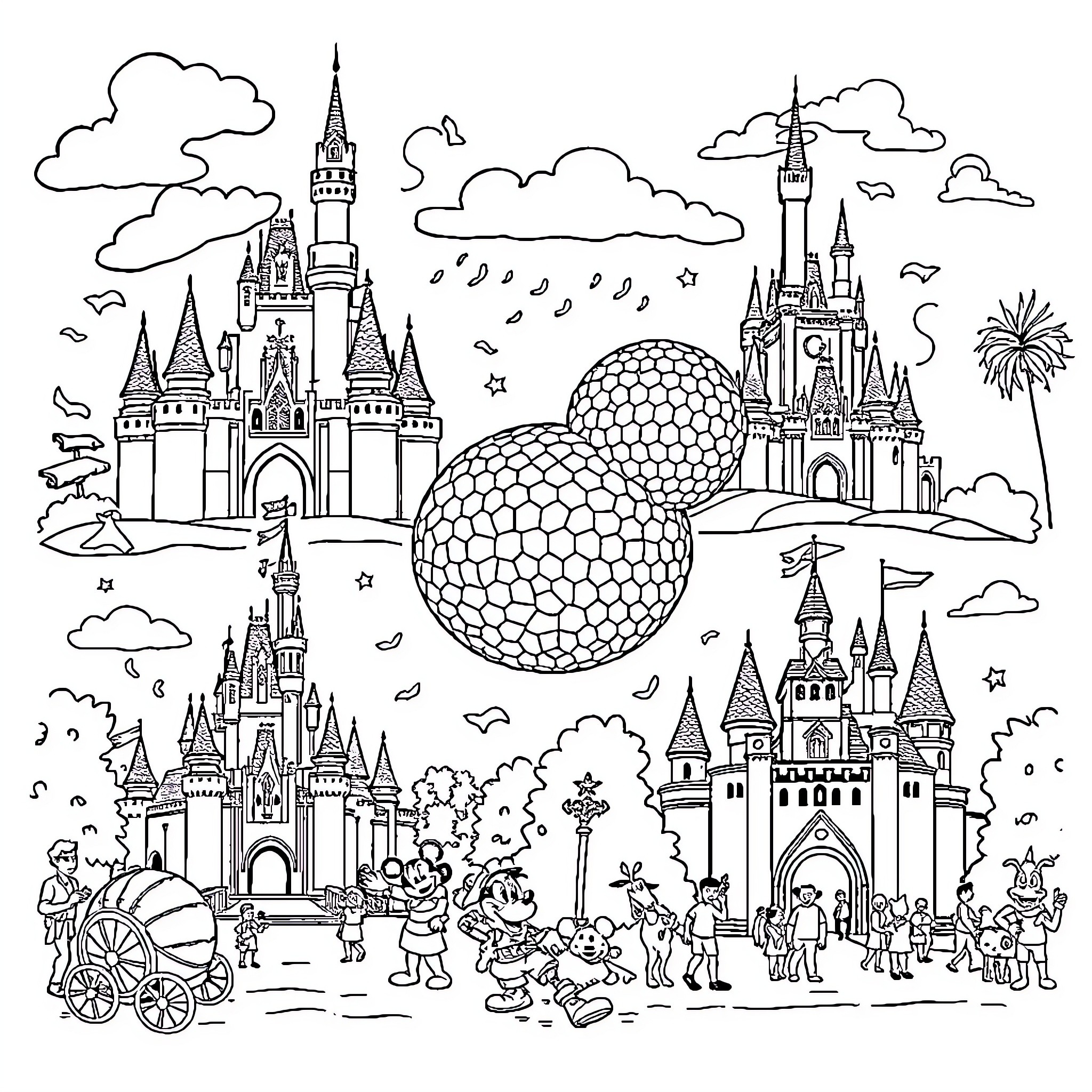 Disney World Enchanting Castles and Whimsical Scenes Coloring Page (free black-and-white line drawing printable PDF for all, from beginners to advanced learners, including children, teens, adults, and seniors)