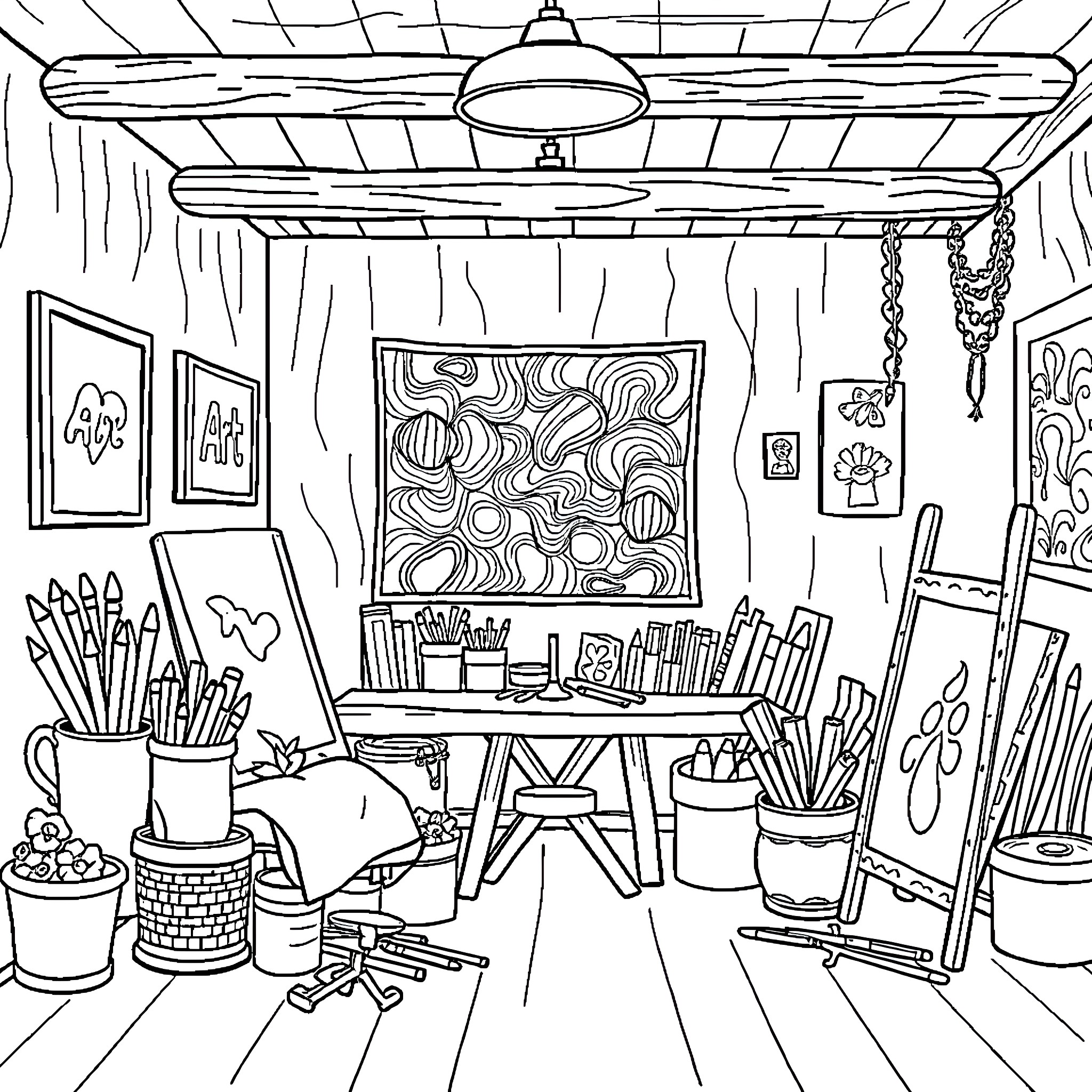 Art Room Filled with Creative Supplies and Artwork Coloring Page (free black-and-white line drawing printable PDF for all, from beginners to advanced learners, including children, teens, adults, and seniors)