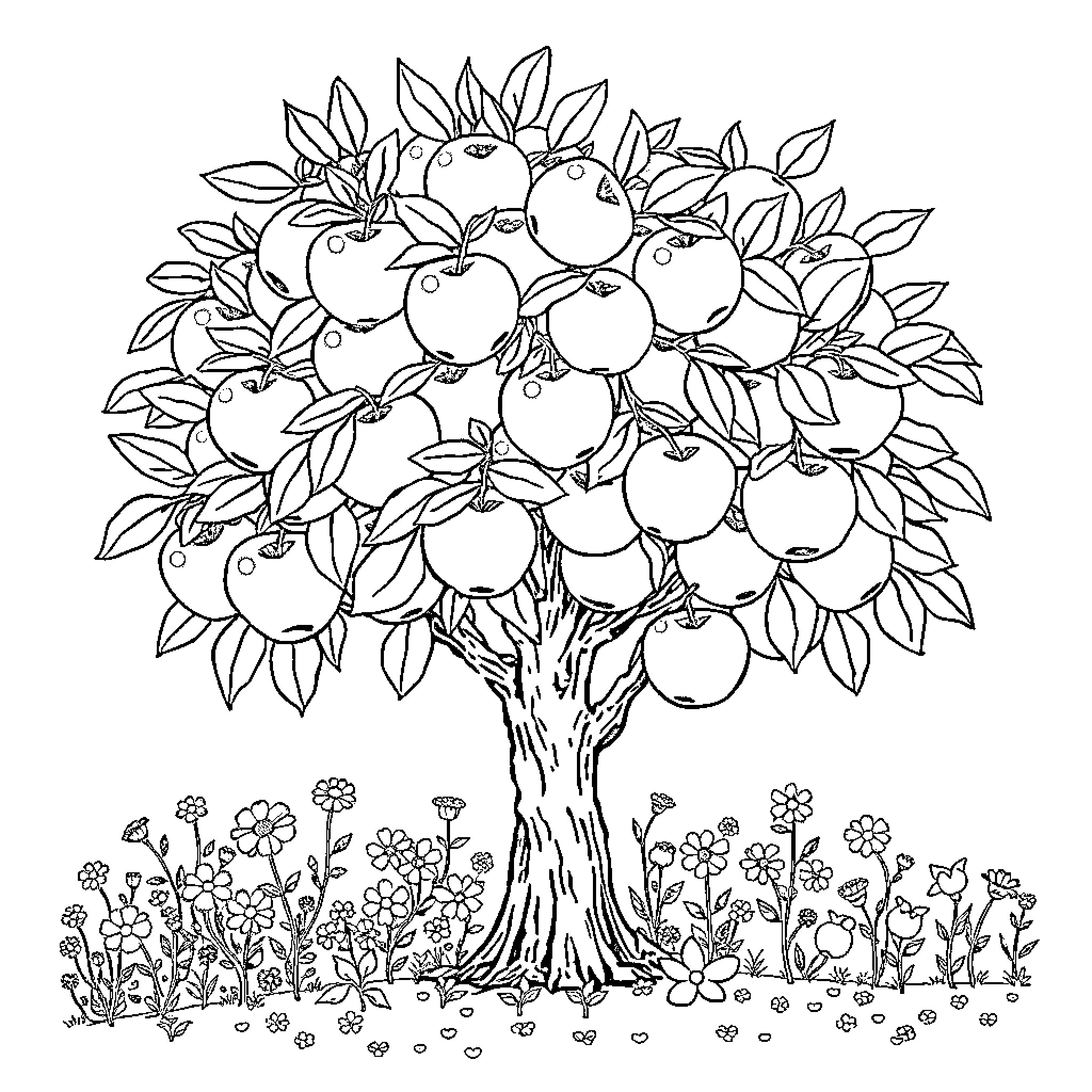 Apple Tree with Bountiful Harvest Coloring Page (free black-and-white line drawing printable PDF for all, from beginners to advanced learners, including children, teens, adults, and seniors)
