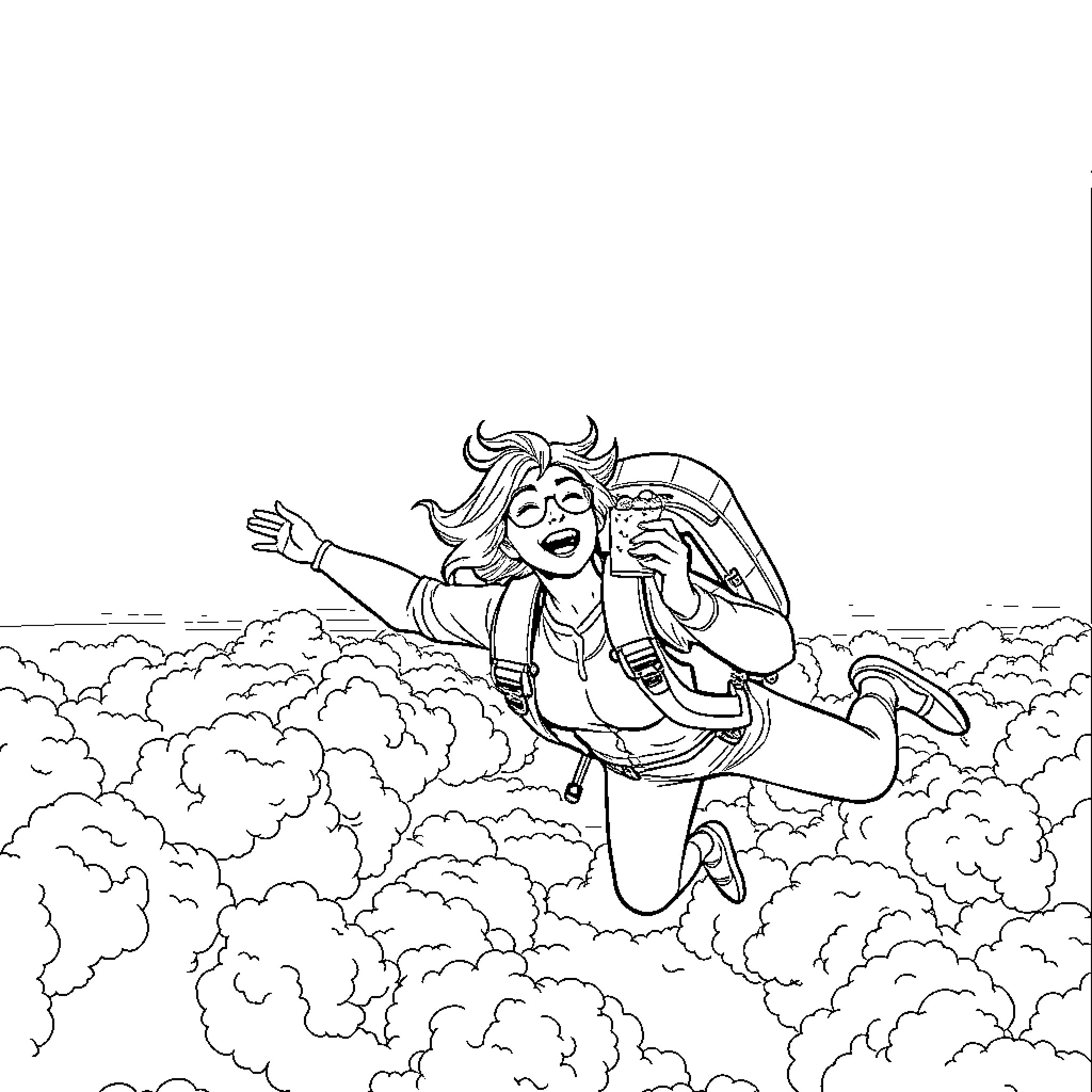Woman soaring through the clouds with joy Coloring Page (free black-and-white line drawing printable PDF for all, from beginners to advanced learners, including children, teens, adults, and seniors)