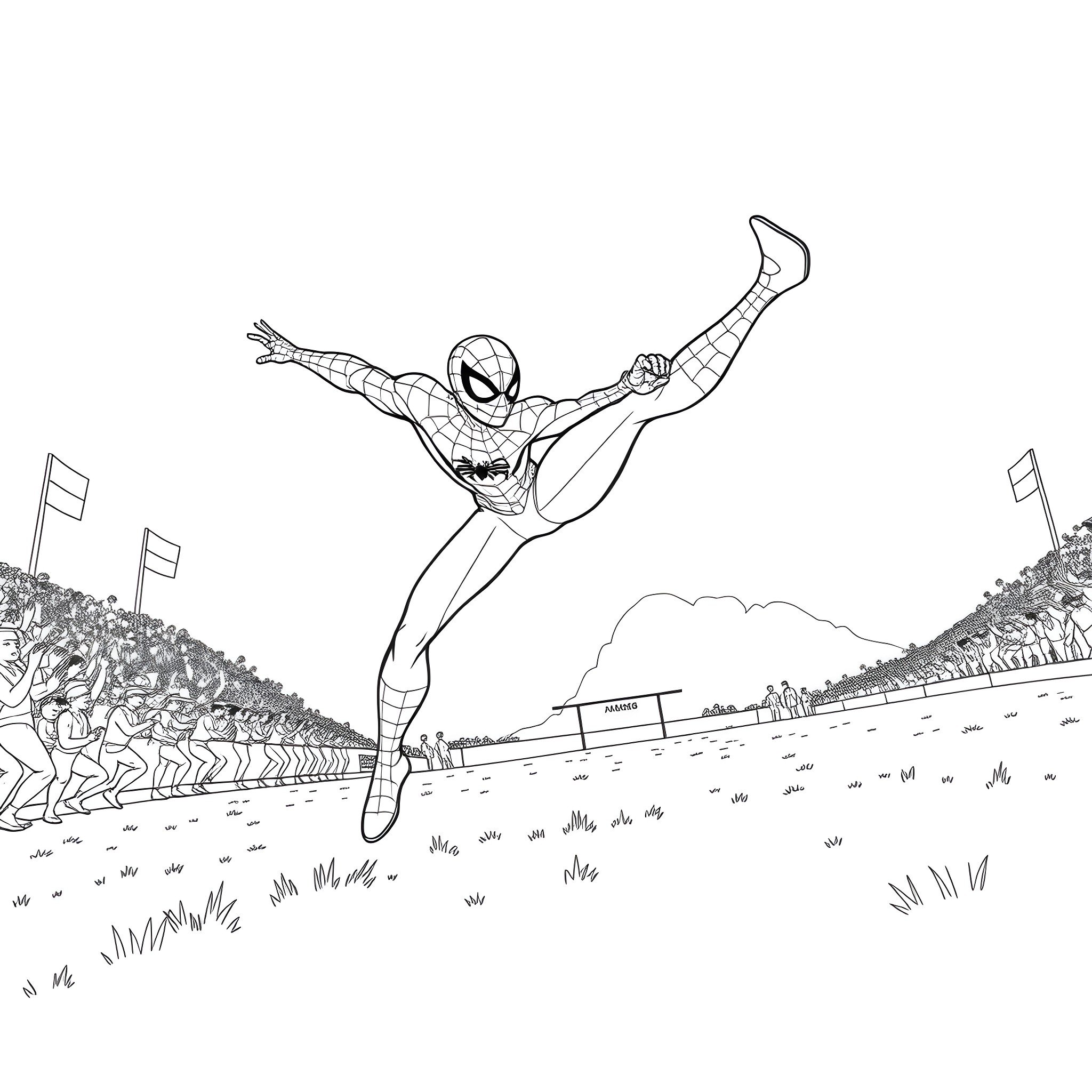 Spiderman soaring through the air with arms outstretched Coloring Page (free black-and-white line drawing printable PDF for all, from beginners to advanced learners, including children, teens, adults, and seniors)