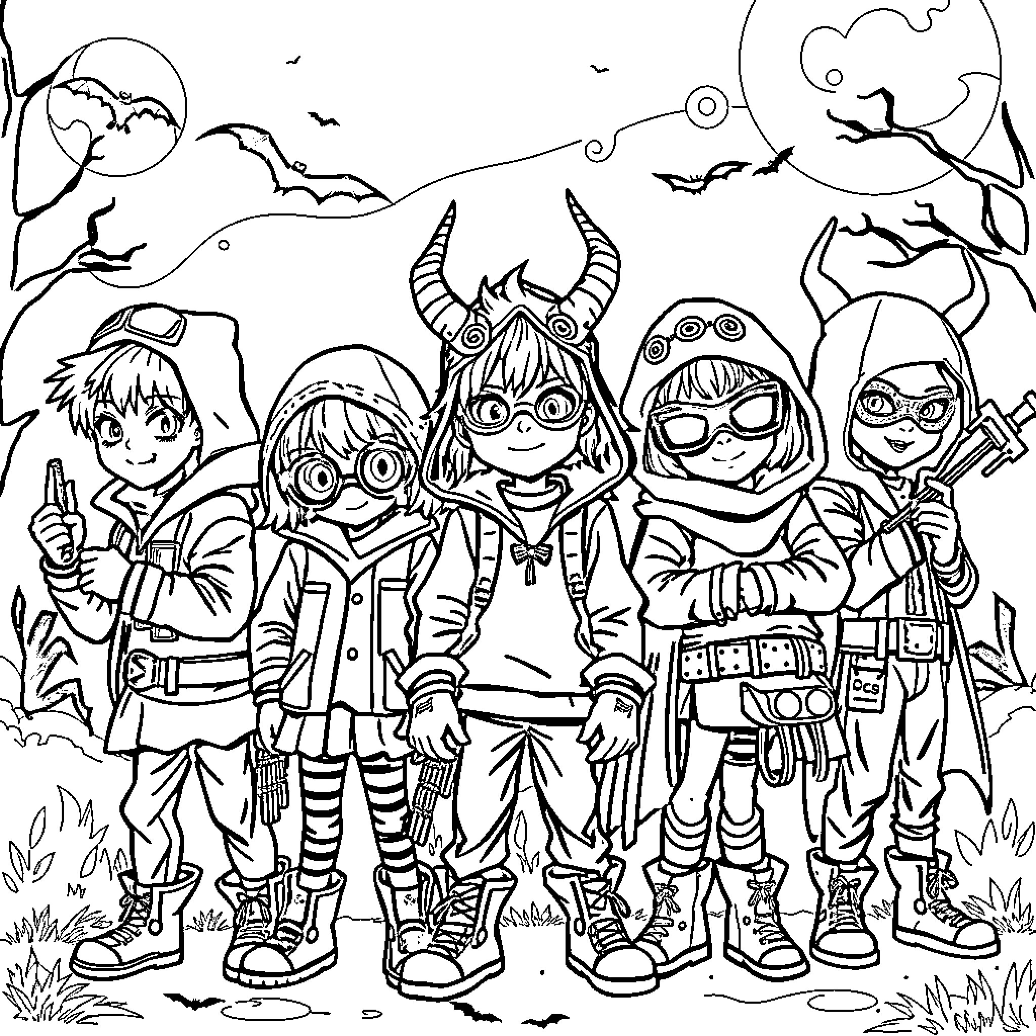 Demon Hunters on a Spooky Nighttime Adventure Coloring Page (free black-and-white line drawing printable PDF for all, from beginners to advanced learners, including children, teens, adults, and seniors)
