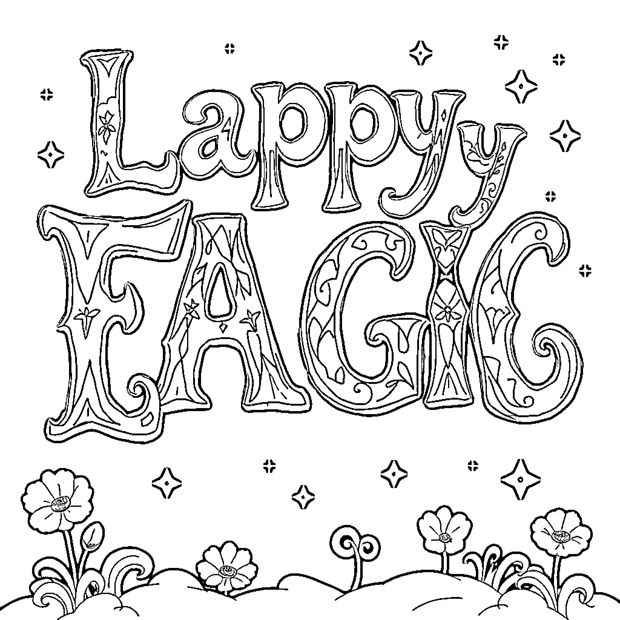 Alphabet Happy Magic with Whimsical Flowers Coloring Page (free black-and-white line drawing printable PDF for all, from beginners to advanced learners, including children, teens, adults, and seniors)