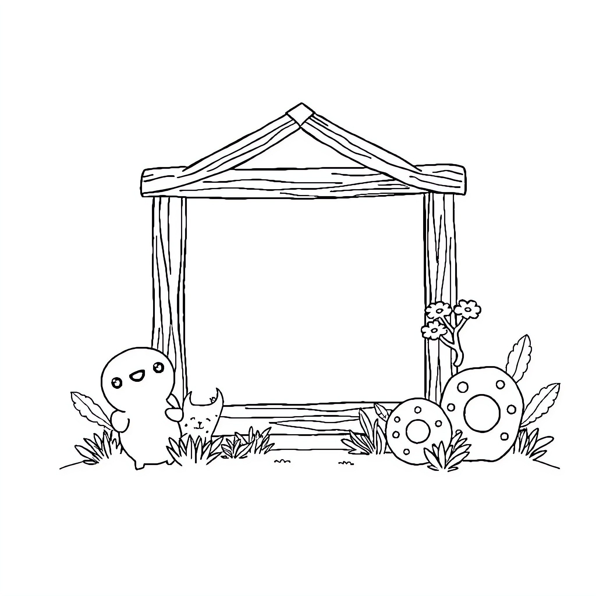 Photo Frame with Playful Creatures in Nature Coloring Page (free black-and-white line drawing printable PDF for all, from beginners to advanced learners, including children, teens, adults, and seniors)