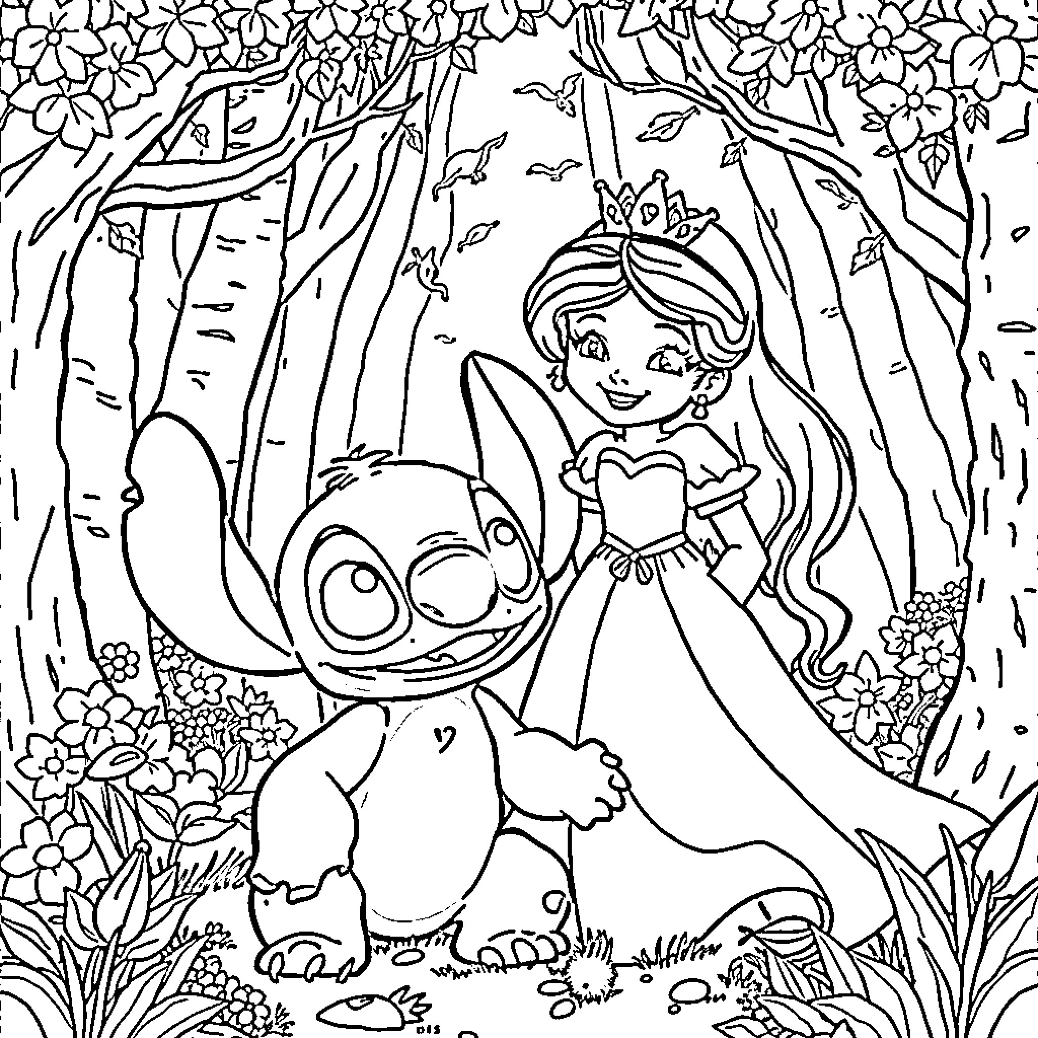 Stitch and Princess in Enchanted Forest Coloring Page (free black-and-white line drawing printable PDF for all, from beginners to advanced learners, including children, teens, adults, and seniors)
