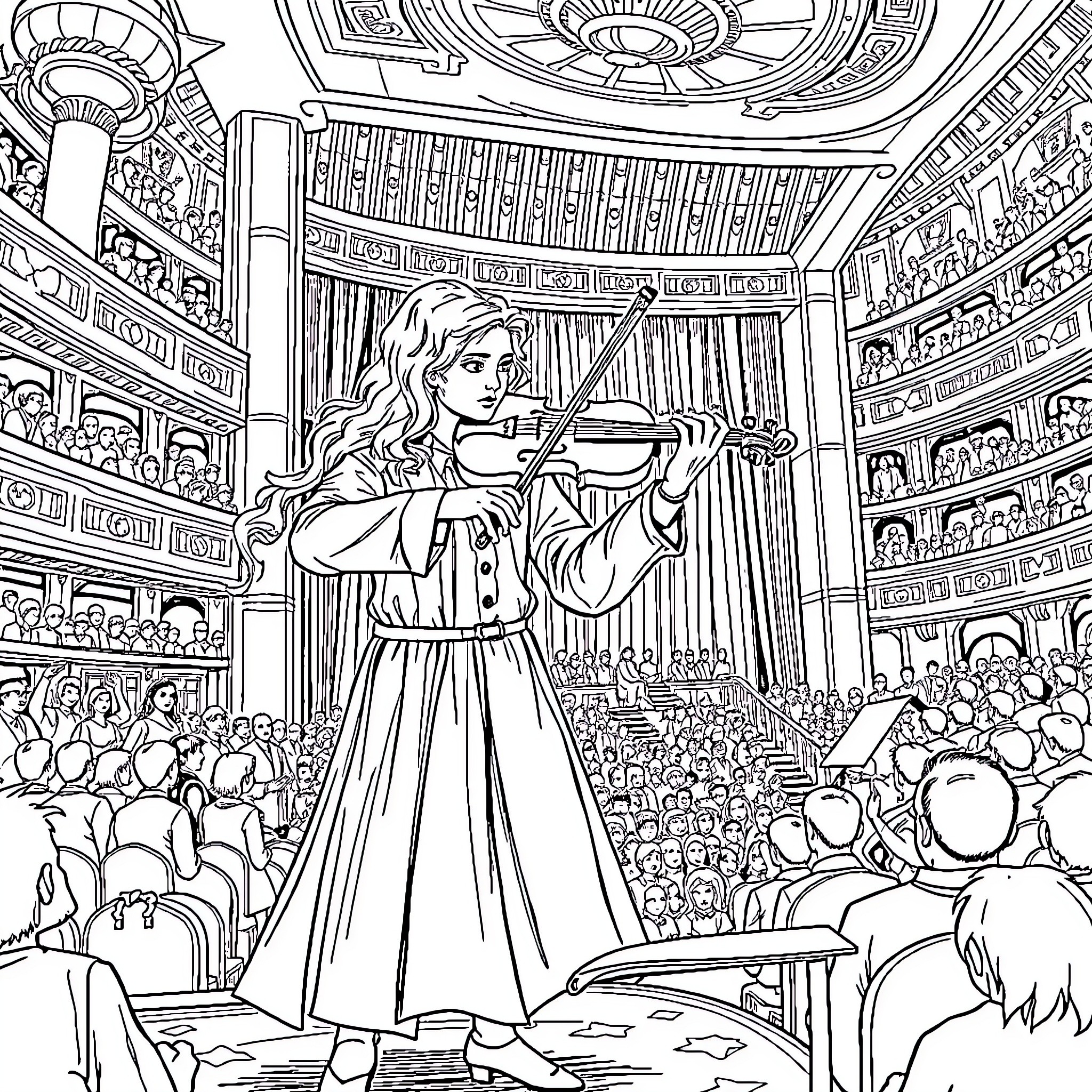 Vivaldi's Virtuosic Violin Performance in a Grand Concert Hall Coloring Page (free black-and-white line drawing printable PDF for all, from beginners to advanced learners, including children, teens, adults, and seniors)