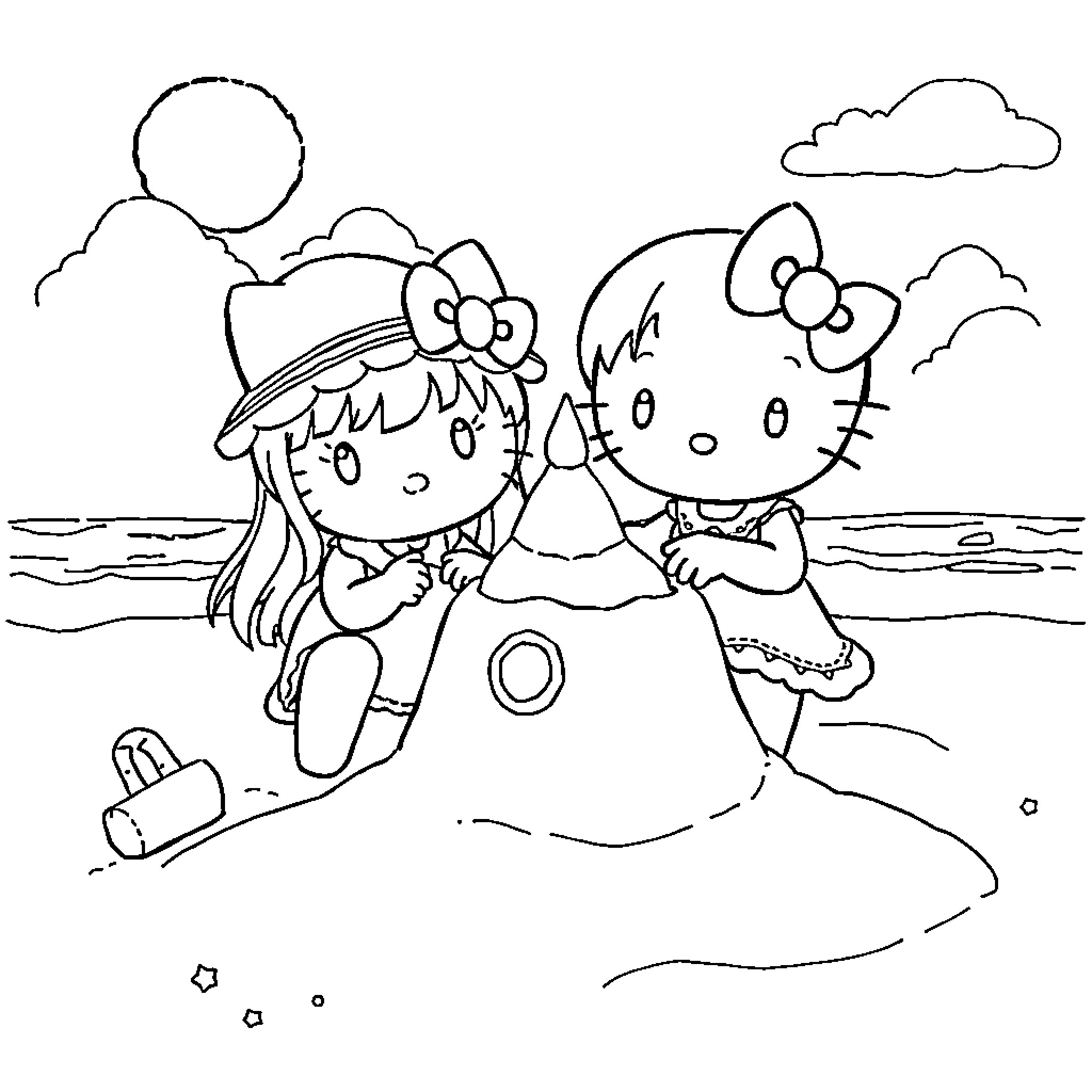 Kuromi and Friends Enjoy the Beach Coloring Page (free black-and-white line drawing printable PDF for all, from beginners to advanced learners, including children, teens, adults, and seniors)