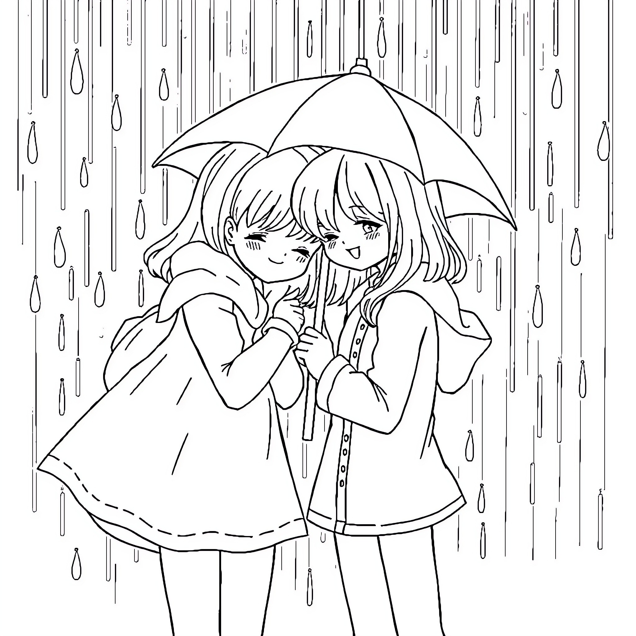 Girls enjoying rainy day under umbrella Coloring Page (free black-and-white line drawing printable PDF for all, from beginners to advanced learners, including children, teens, adults, and seniors)