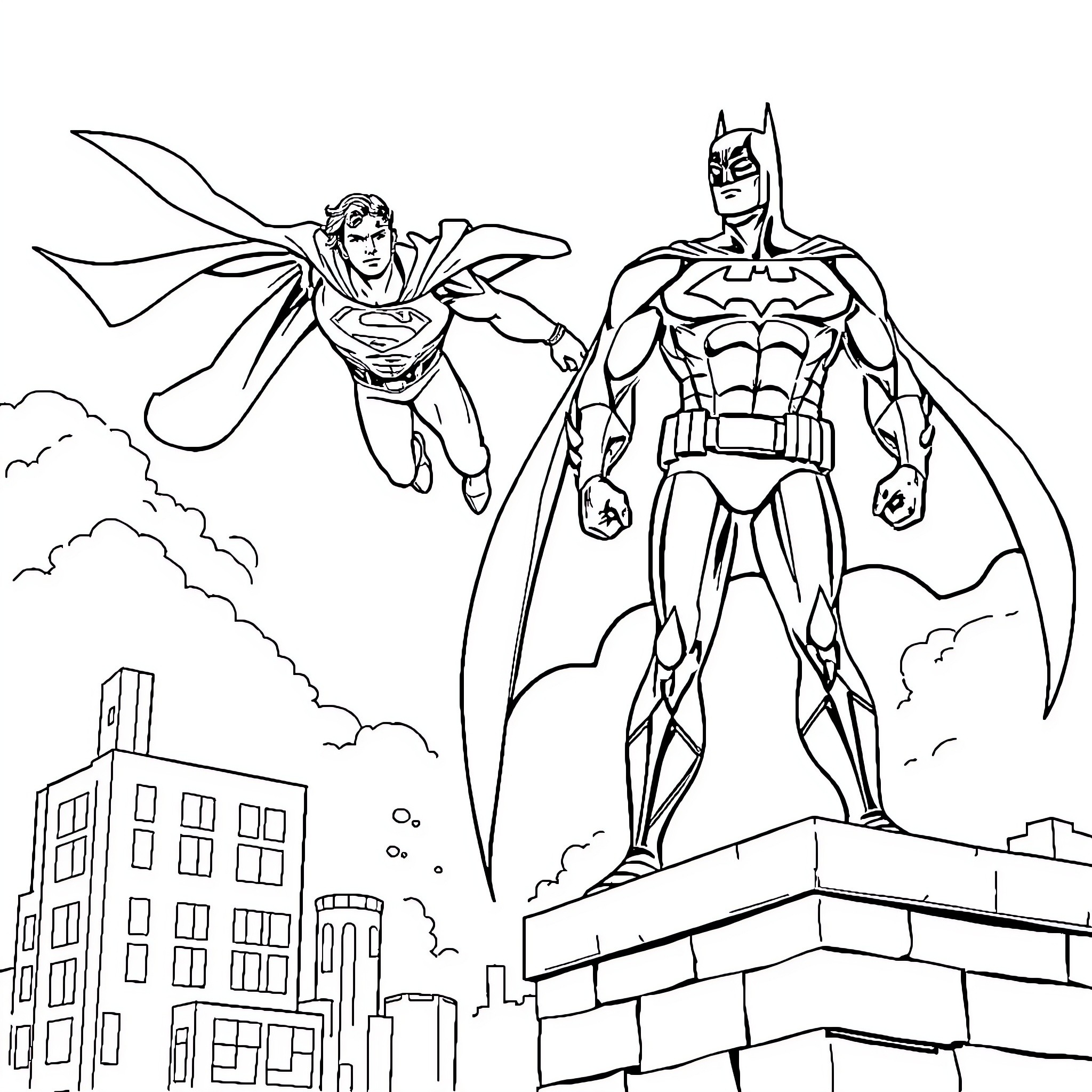 Superman and Batman heroically guarding the city Coloring Page (free black-and-white line drawing printable PDF for all, from beginners to advanced learners, including children, teens, adults, and seniors)