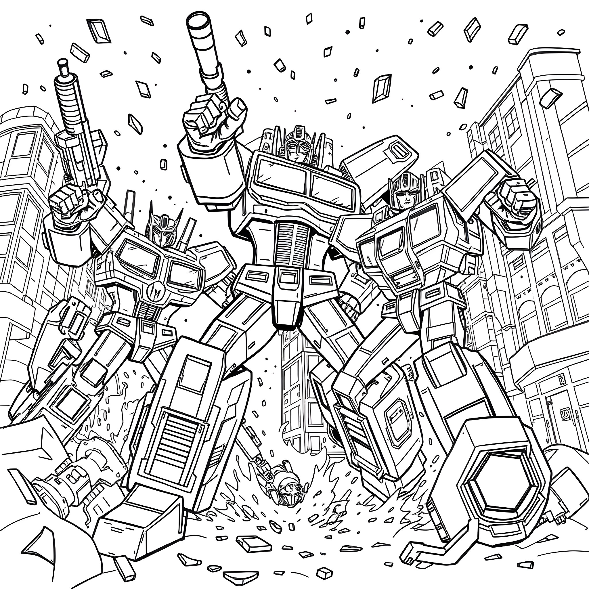 Transformer robots in epic battle Coloring Page (free black-and-white line drawing printable PDF for all, from beginners to advanced learners, including children, teens, adults, and seniors)