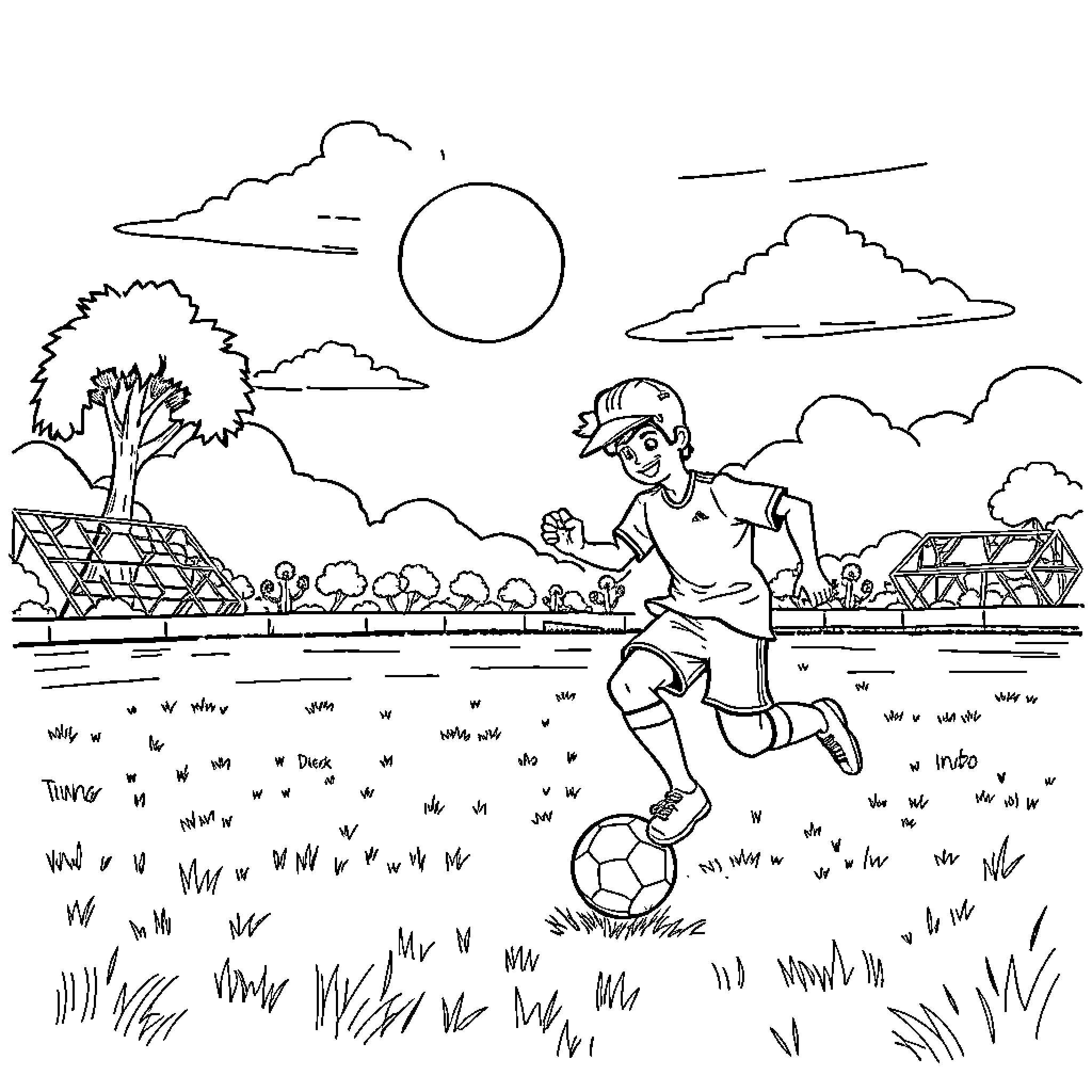 Tung Playing Soccer in the Countryside Coloring Page (free black-and-white line drawing printable PDF for all, from beginners to advanced learners, including children, teens, adults, and seniors)