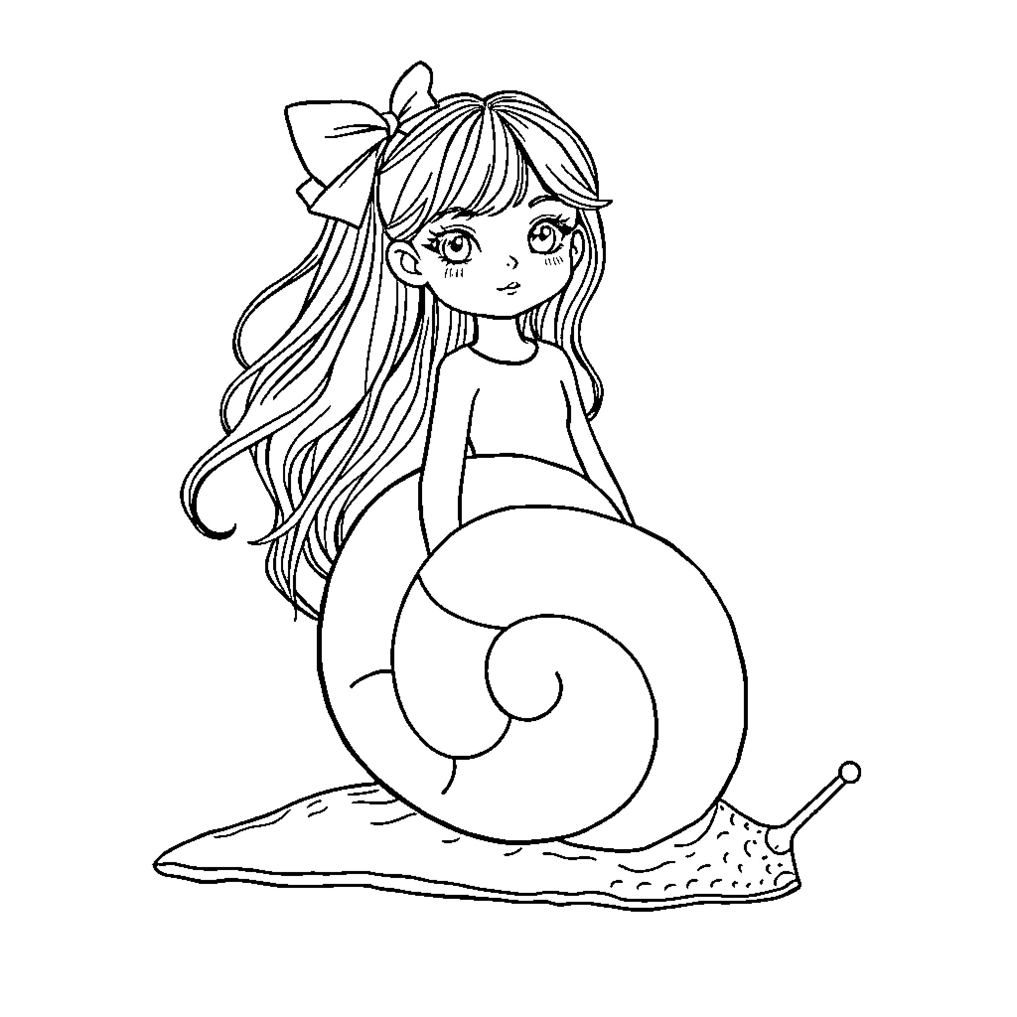 Girl Snail with Curly Hair and Bow Coloring Page (free black-and-white line drawing printable PDF for all, from beginners to advanced learners, including children, teens, adults, and seniors)