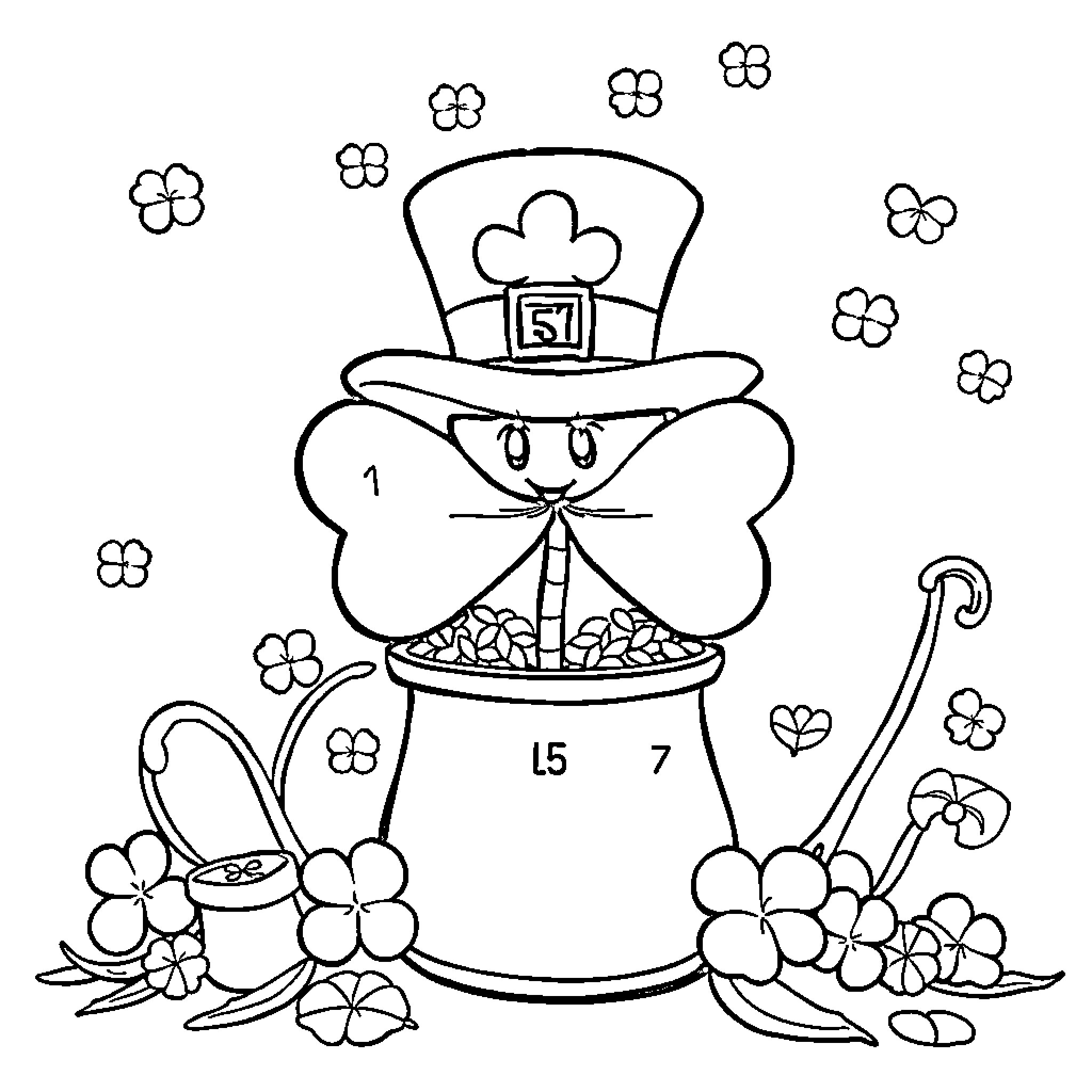 Saint Patrick's Day Leprechaun with Shamrocks Coloring Page (free black-and-white line drawing printable PDF for all, from beginners to advanced learners, including children, teens, adults, and seniors)