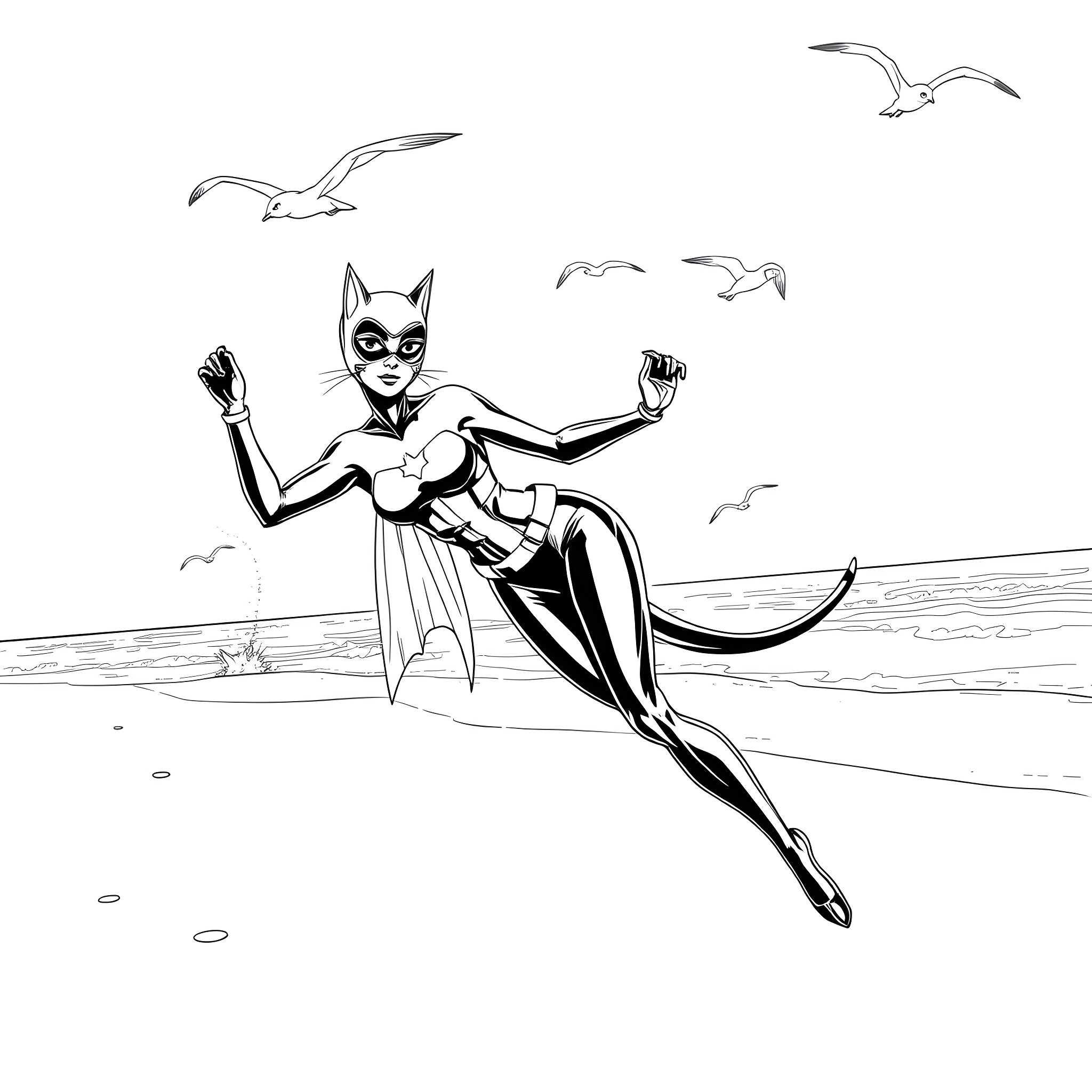 Catwoman soaring gracefully by the sea Coloring Page (free black-and-white line drawing printable PDF for all, from beginners to advanced learners, including children, teens, adults, and seniors)