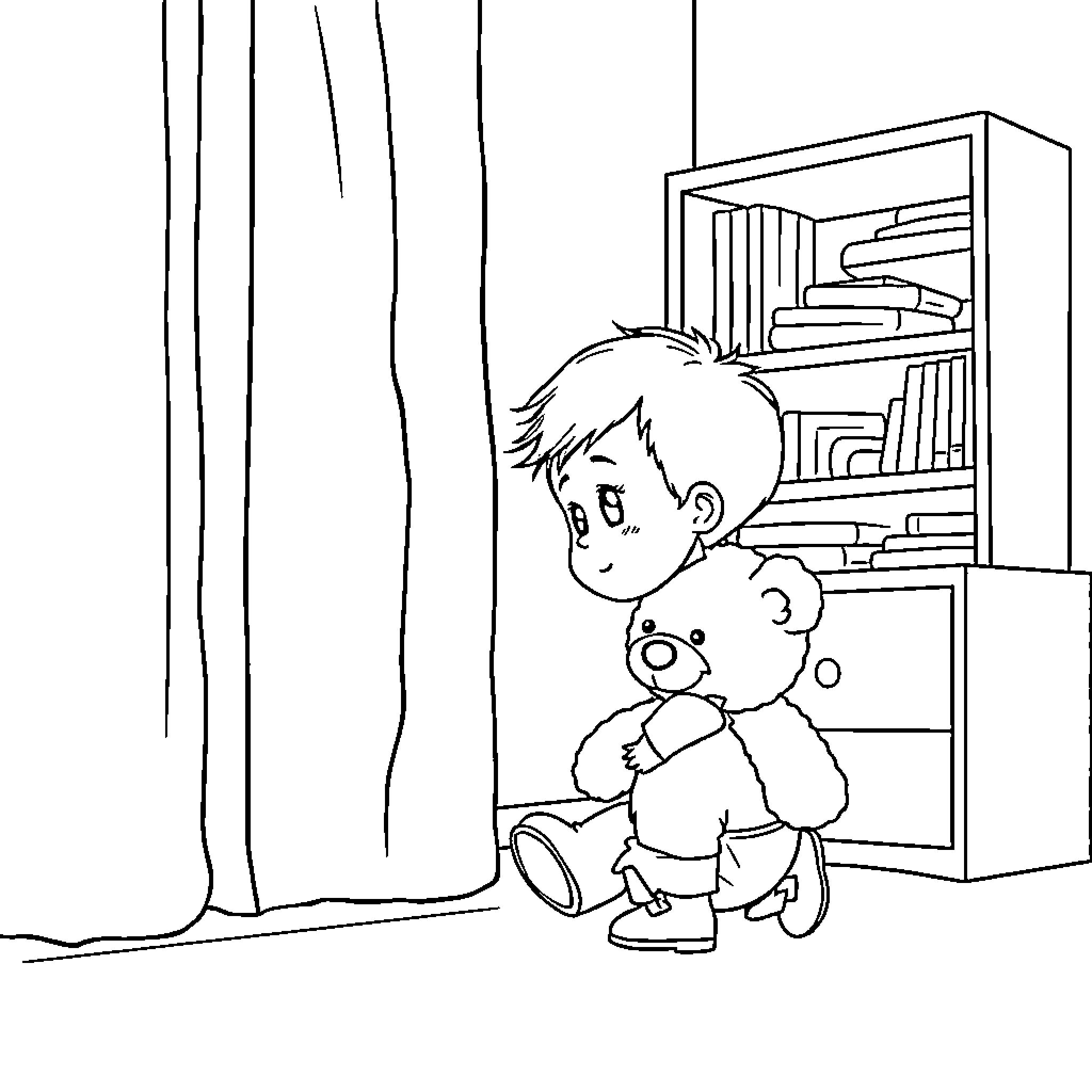 Boy explores bookshelf with teddy bear Coloring Page (free black-and-white line drawing printable PDF for all, from beginners to advanced learners, including children, teens, adults, and seniors)