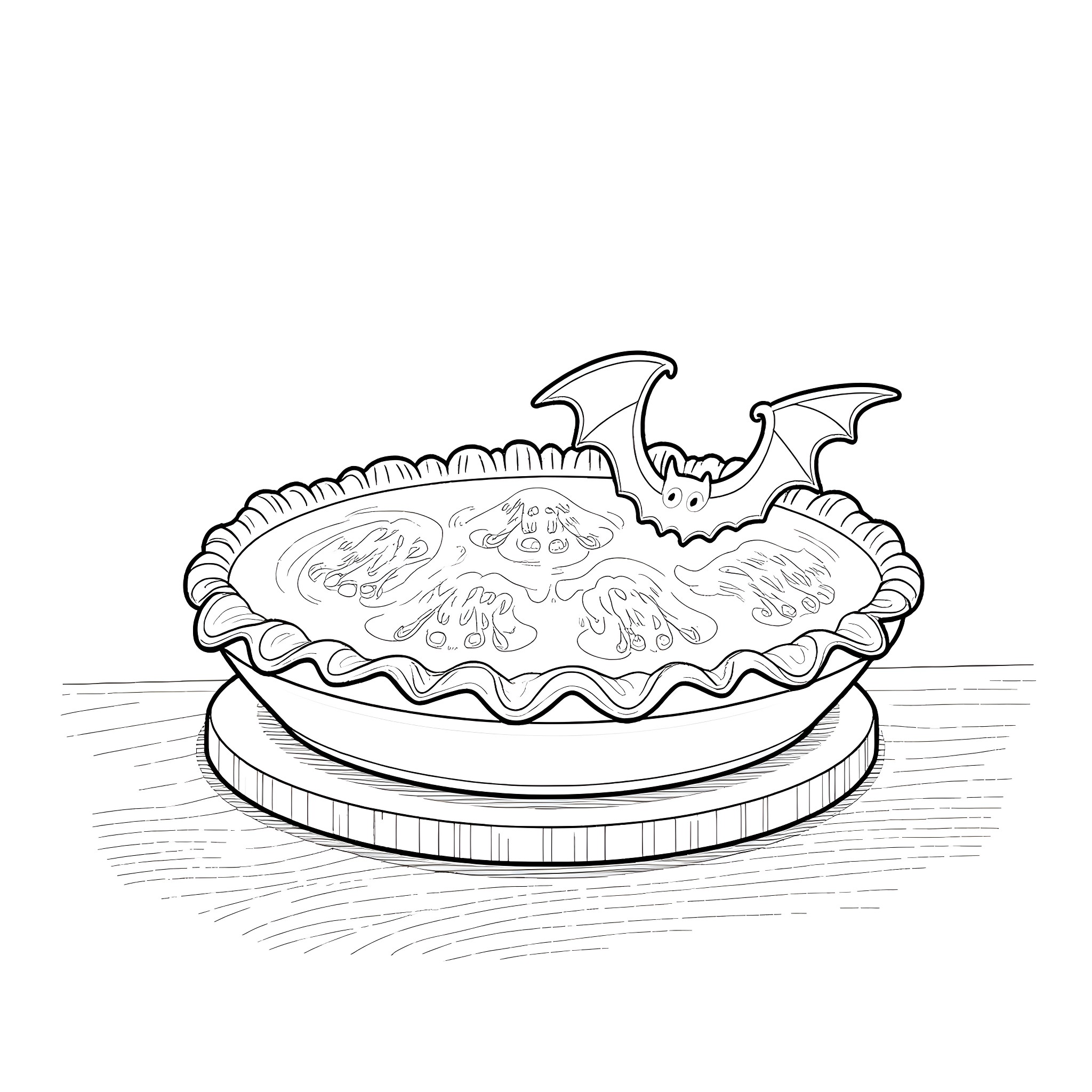 Pie with Bats Decorations Coloring Page (free black-and-white line drawing printable PDF for all, from beginners to advanced learners, including children, teens, adults, and seniors)