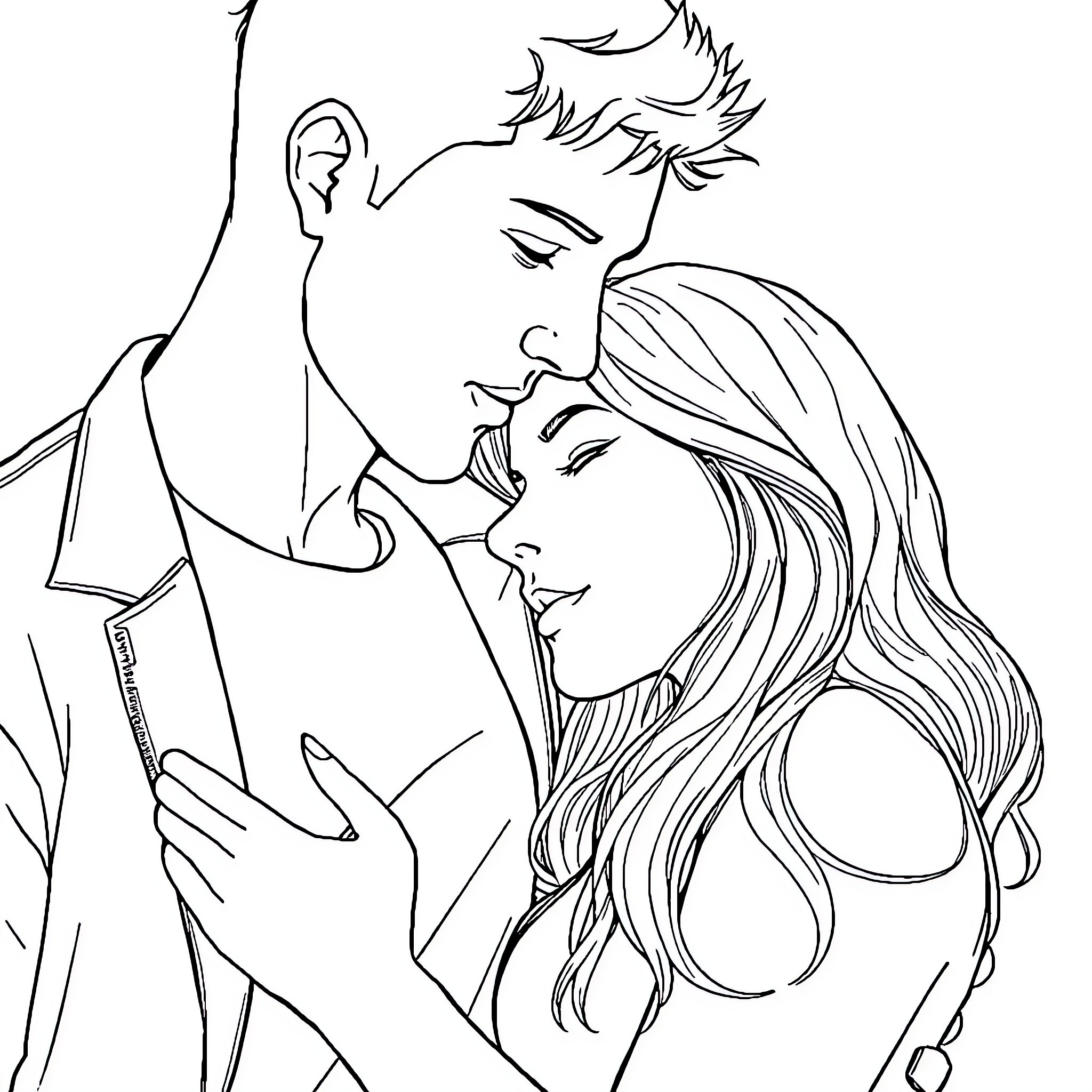 Guy and woman in intimate embrace Coloring Page (free black-and-white line drawing printable PDF for all, from beginners to advanced learners, including children, teens, adults, and seniors)