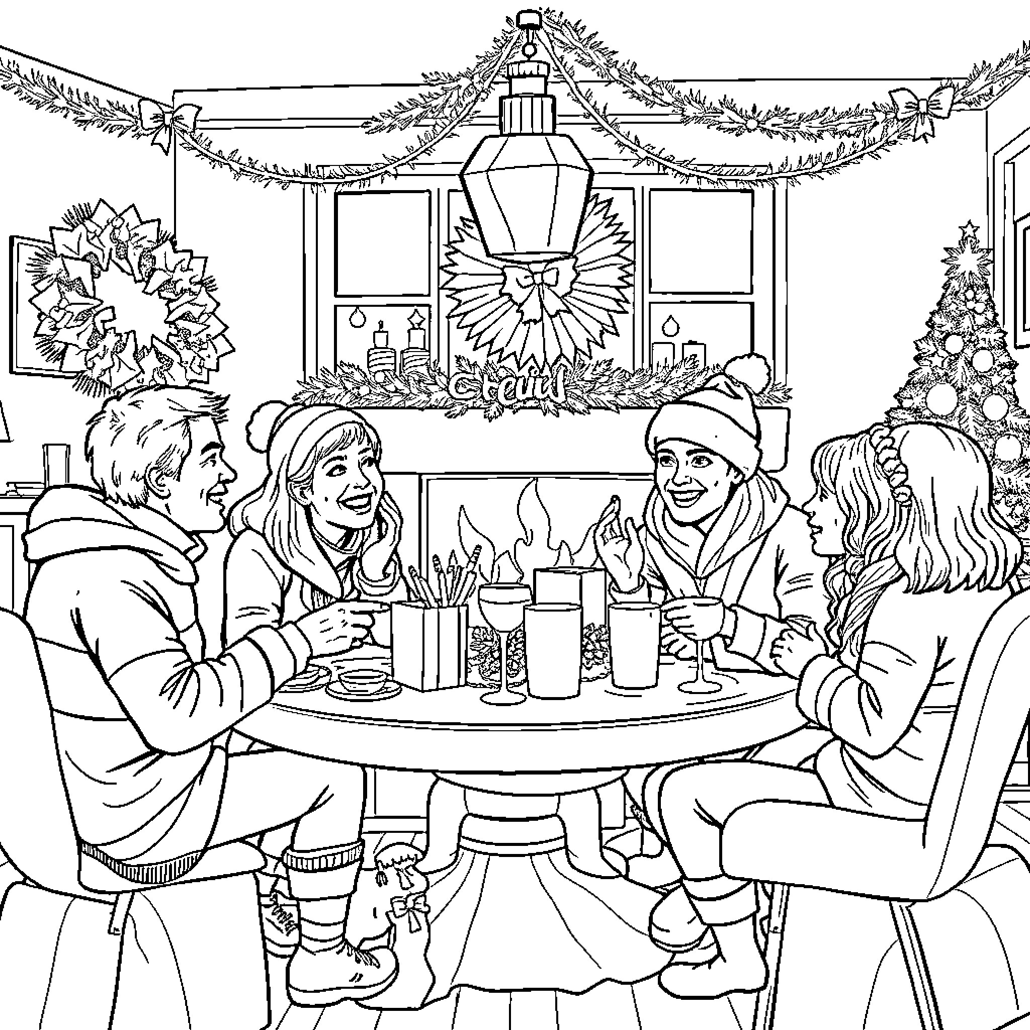 Christmas friends enjoying a festive gathering Coloring Page (free black-and-white line drawing printable PDF for all, from beginners to advanced learners, including children, teens, adults, and seniors)