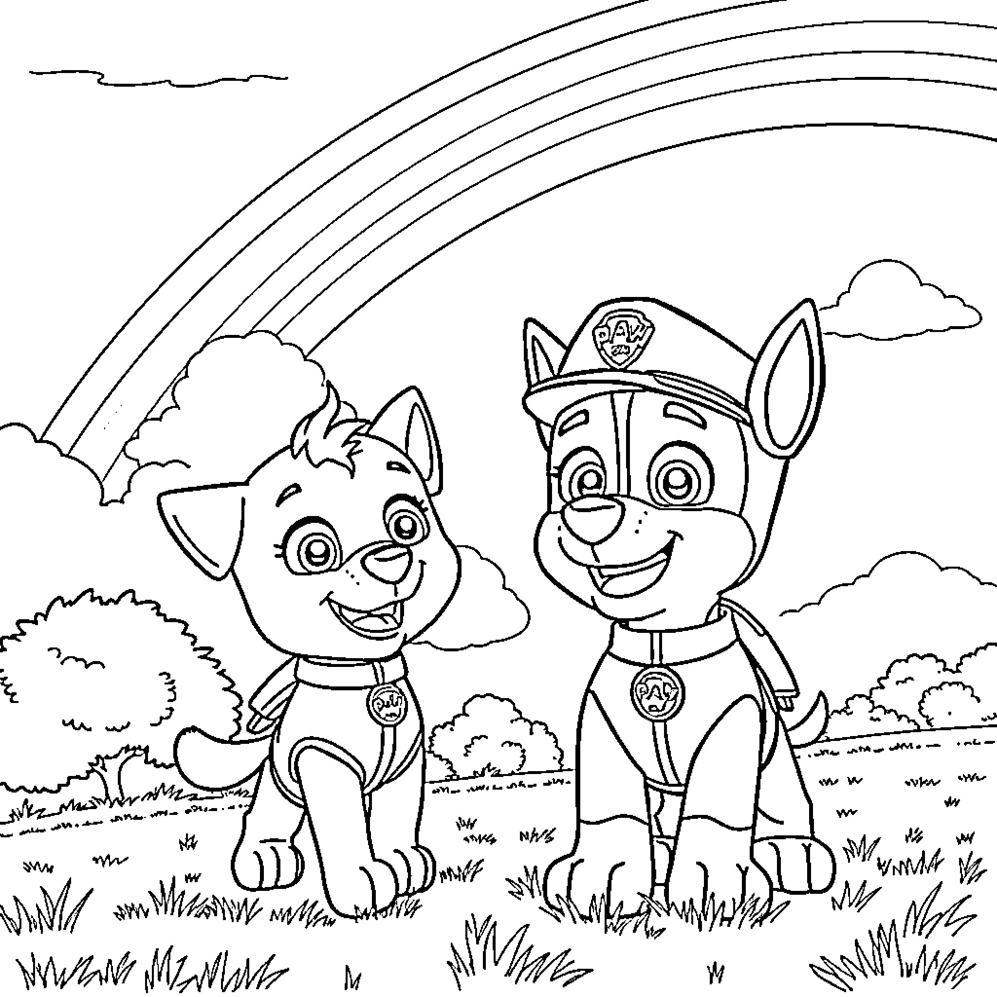 Paw Patrol characters in an outdoor setting Coloring Page (free black-and-white line drawing printable PDF for all, from beginners to advanced learners, including children, teens, adults, and seniors)