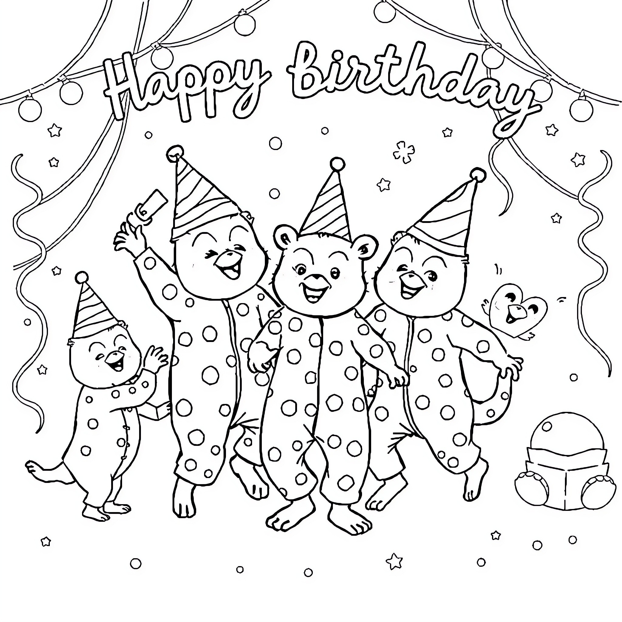 Pyjamasques celebrate a happy birthday party Coloring Page (free black-and-white line drawing printable PDF for all, from beginners to advanced learners, including children, teens, adults, and seniors)