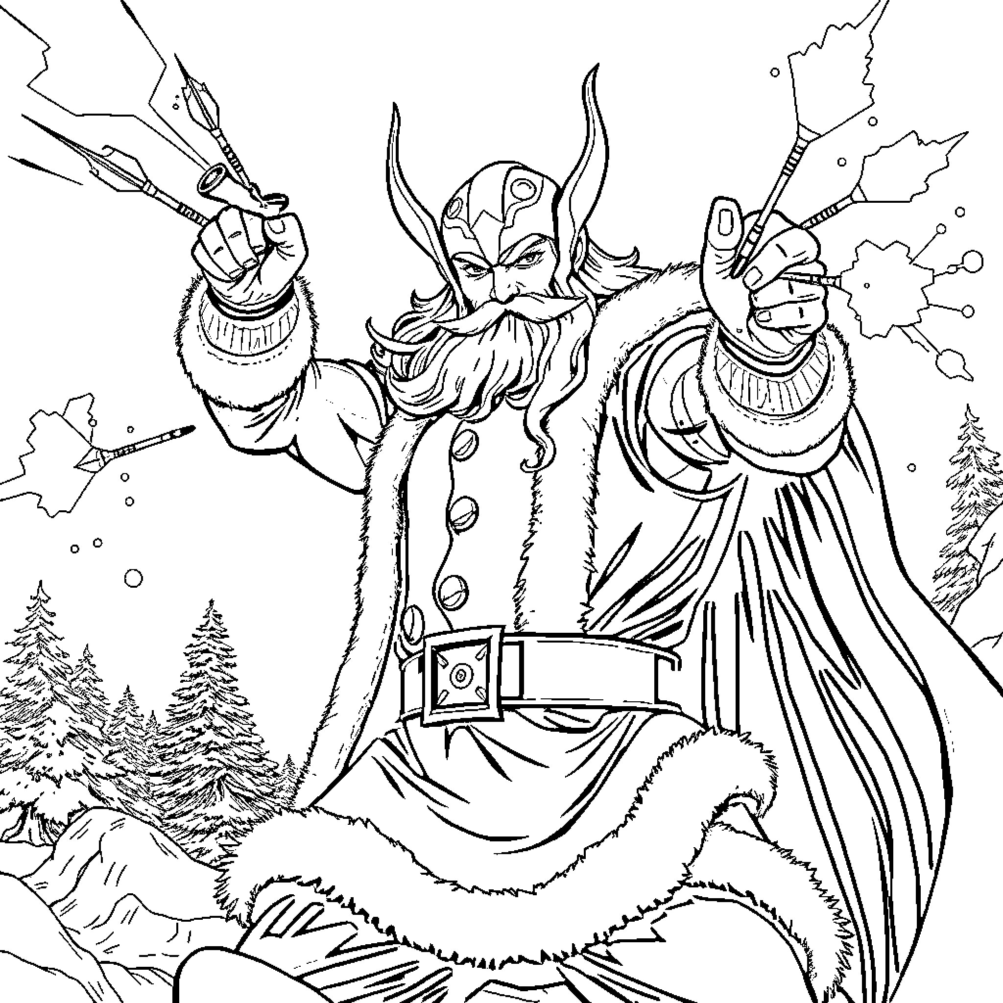 Thor's Winter Warrior Wielding Mighty Hammer in Snowy Landscape Coloring Page (free black-and-white line drawing printable PDF for all, from beginners to advanced learners, including children, teens, adults, and seniors)