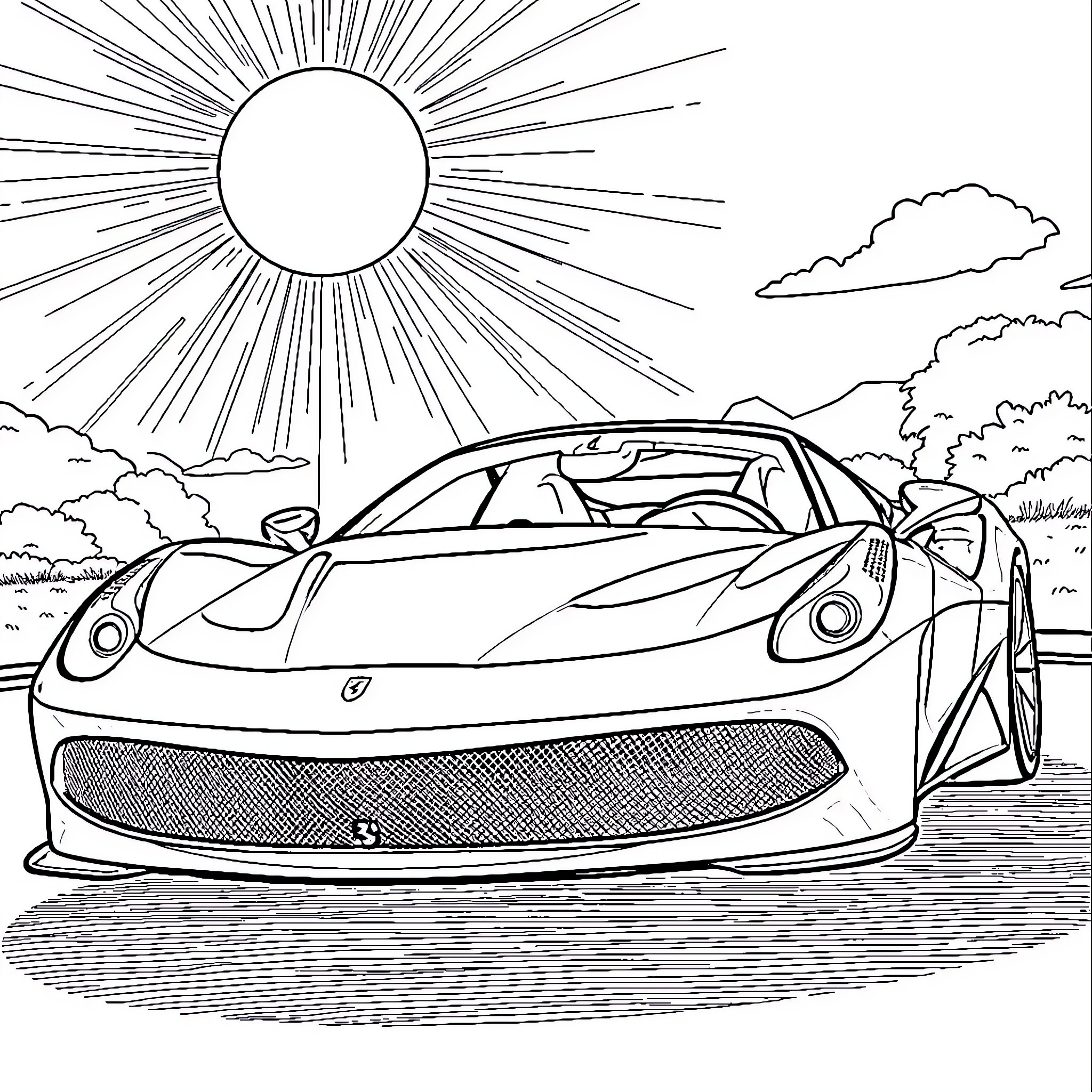 Ferrari sports car driving on a sunny day Coloring Page (free black-and-white line drawing printable PDF for all, from beginners to advanced learners, including children, teens, adults, and seniors)