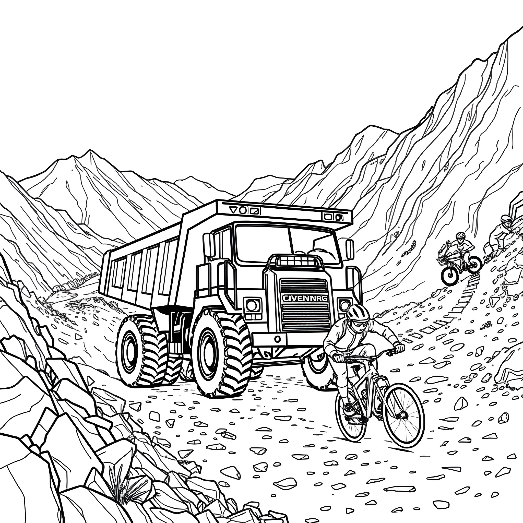 Dump Truck Navigating Rocky Terrain with Biker Coloring Page (free black-and-white line drawing printable PDF for all, from beginners to advanced learners, including children, teens, adults, and seniors)
