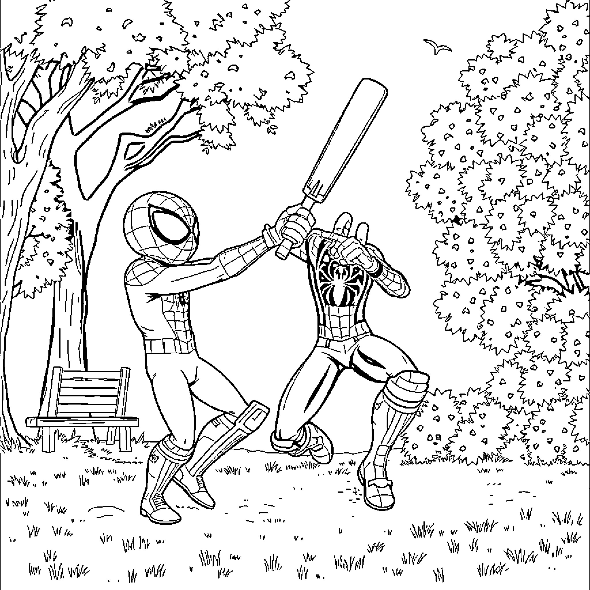 Spider-Man Battles Villain in Outdoor Setting Coloring Page (free black-and-white line drawing printable PDF for all, from beginners to advanced learners, including children, teens, adults, and seniors)
