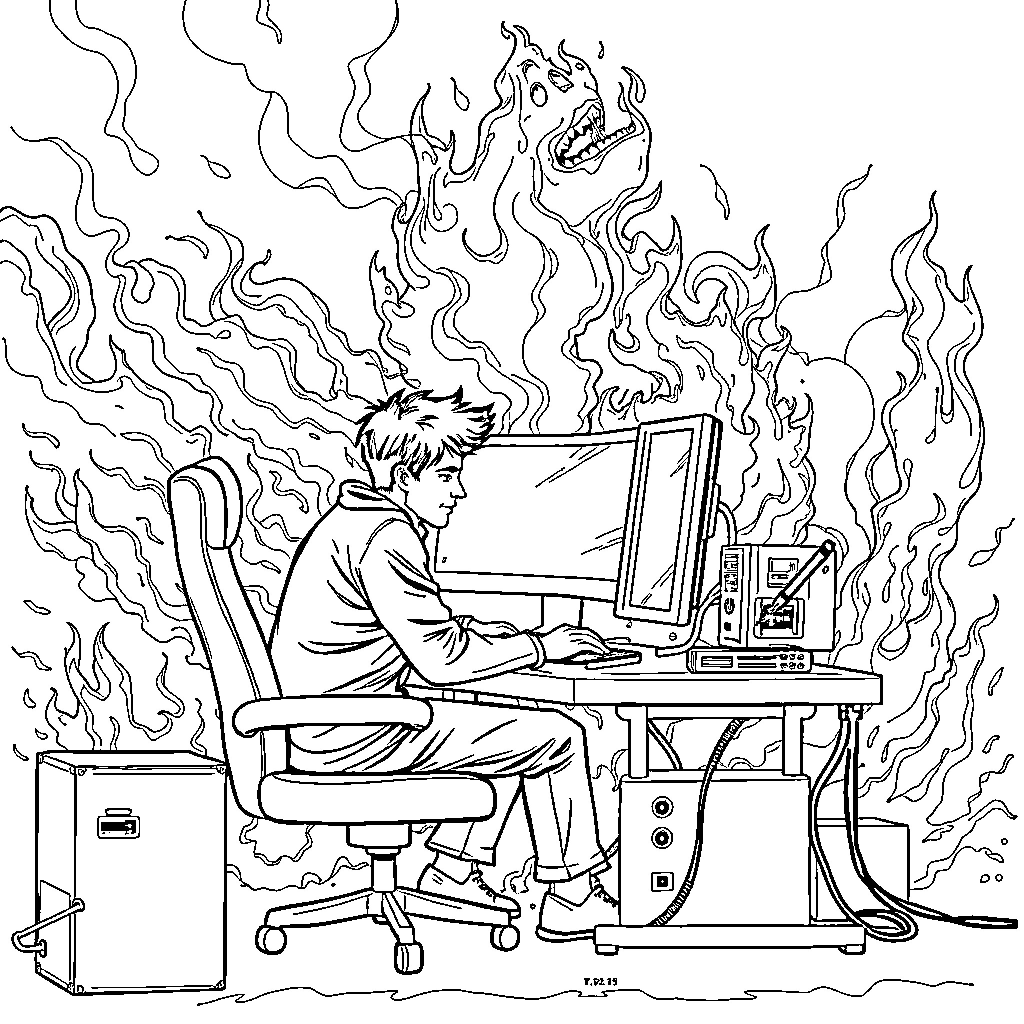Guy intensely working on computer with fiery aura Coloring Page (free black-and-white line drawing printable PDF for all, from beginners to advanced learners, including children, teens, adults, and seniors)