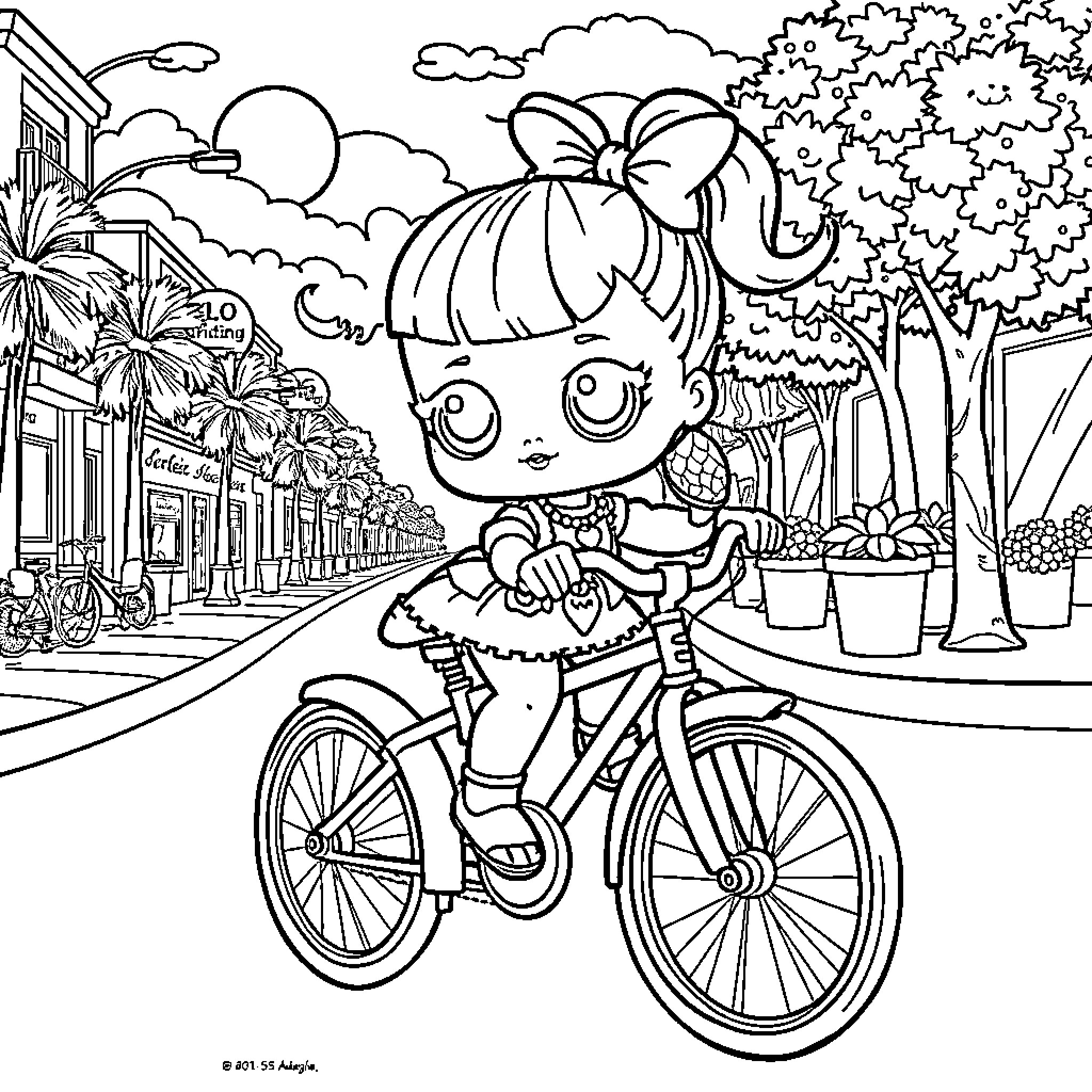 Lol Doll riding bicycle in a scenic town Coloring Page (free black-and-white line drawing printable PDF for all, from beginners to advanced learners, including children, teens, adults, and seniors)