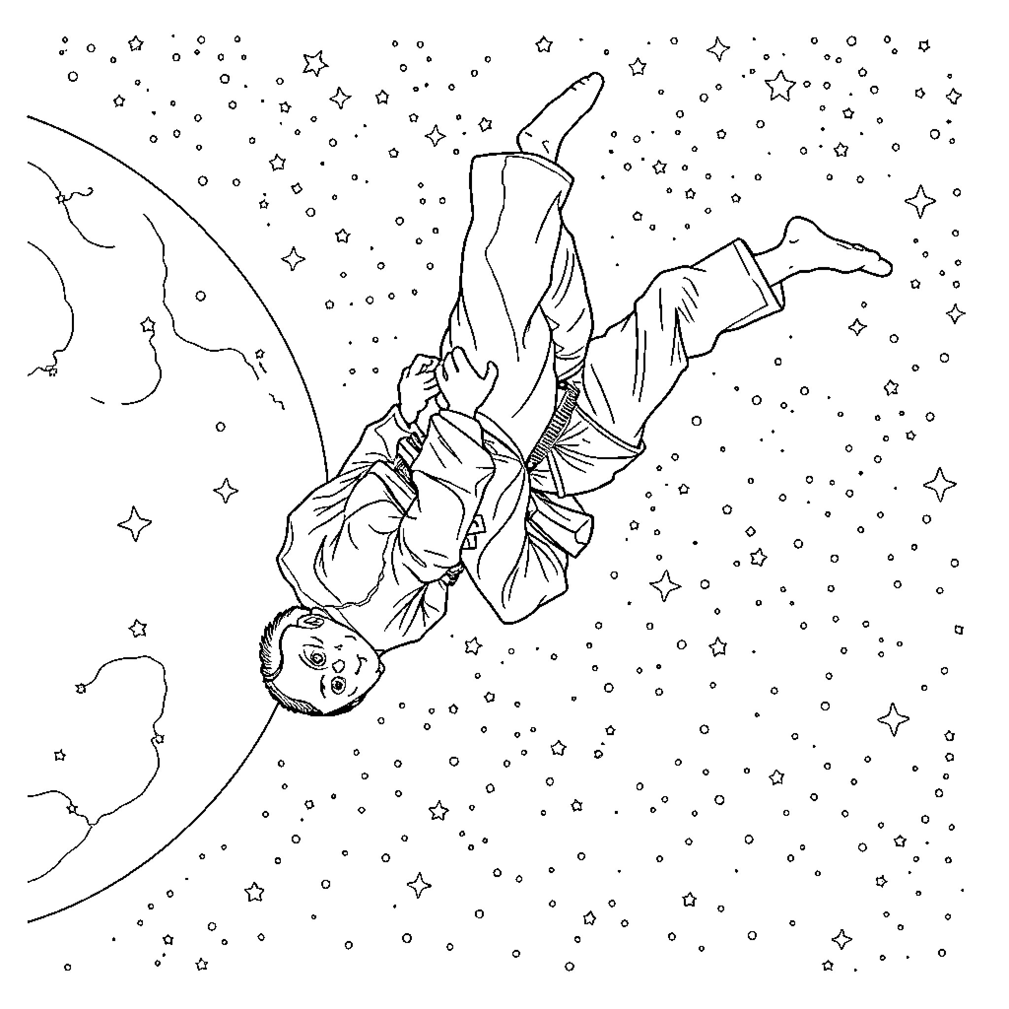 Jiujitsu Grappling Action in Starry Night Coloring Page (free black-and-white line drawing printable PDF for all, from beginners to advanced learners, including children, teens, adults, and seniors)