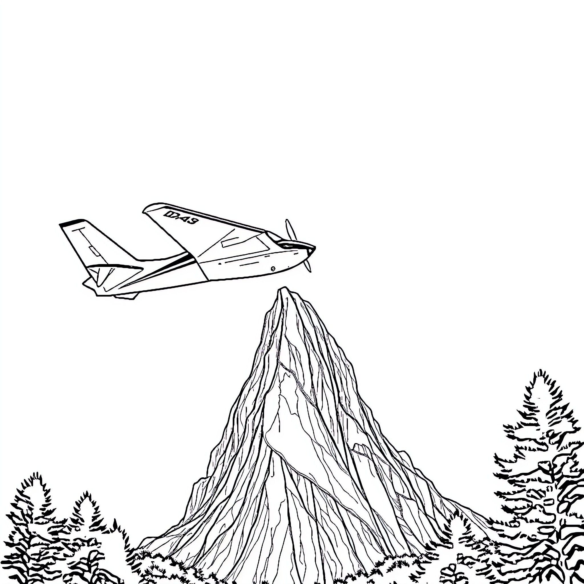Diamond DA-40 aircraft over mountainous landscape Coloring Page (free black-and-white line drawing printable PDF for all, from beginners to advanced learners, including children, teens, adults, and seniors)