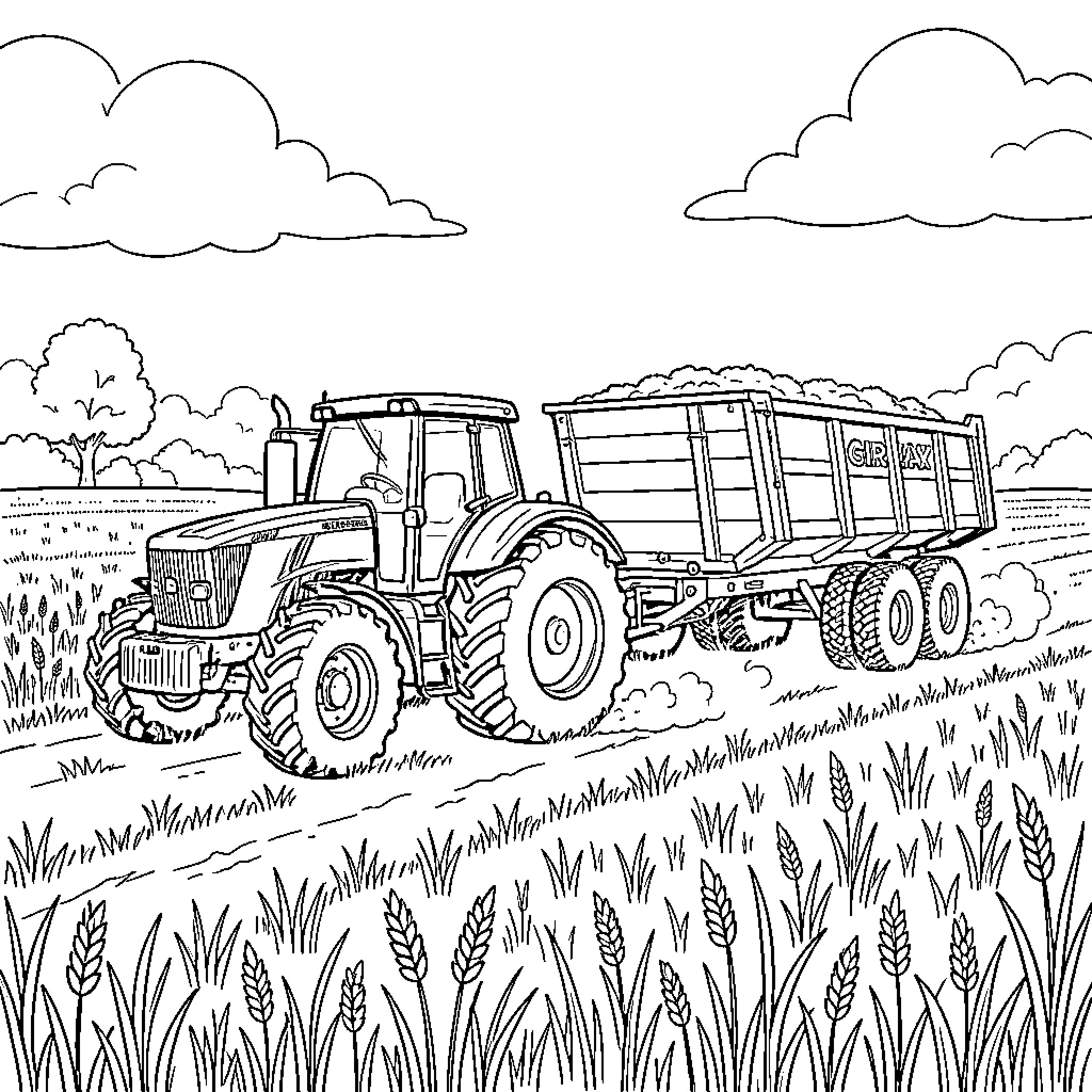 Tractor pulling a heavy trailer through a wheat field Coloring Page (free black-and-white line drawing printable PDF for all, from beginners to advanced learners, including children, teens, adults, and seniors)