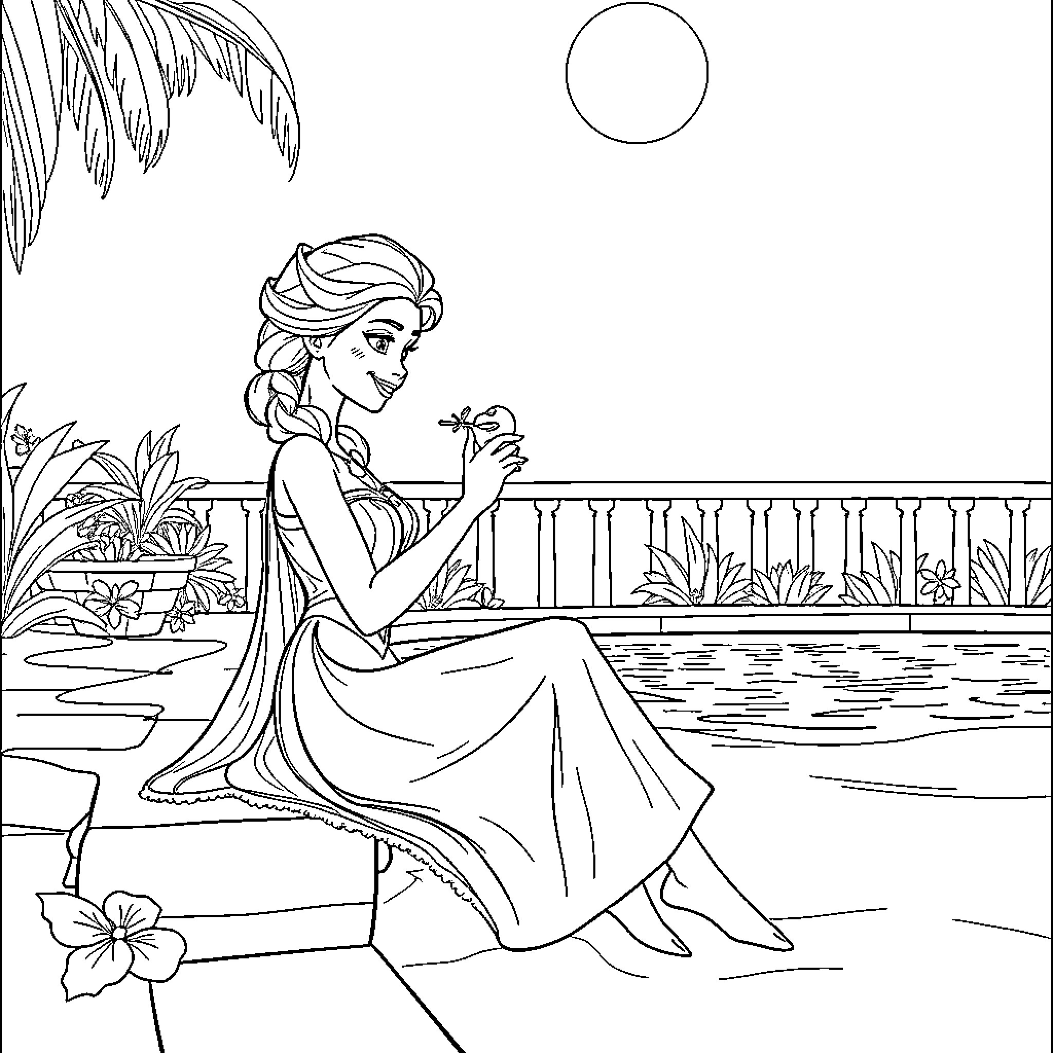 Elsa enjoying a peaceful moment by the pool Coloring Page (free black-and-white line drawing printable PDF for all, from beginners to advanced learners, including children, teens, adults, and seniors)