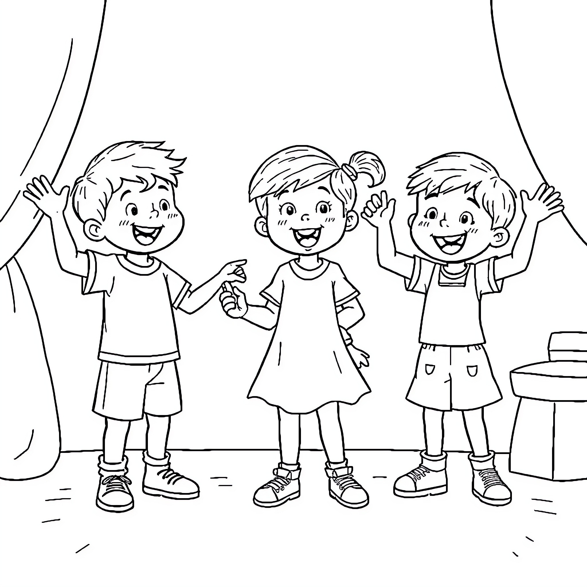 Child friends happily playing together Coloring Page (free black-and-white line drawing printable PDF for all, from beginners to advanced learners, including children, teens, adults, and seniors)